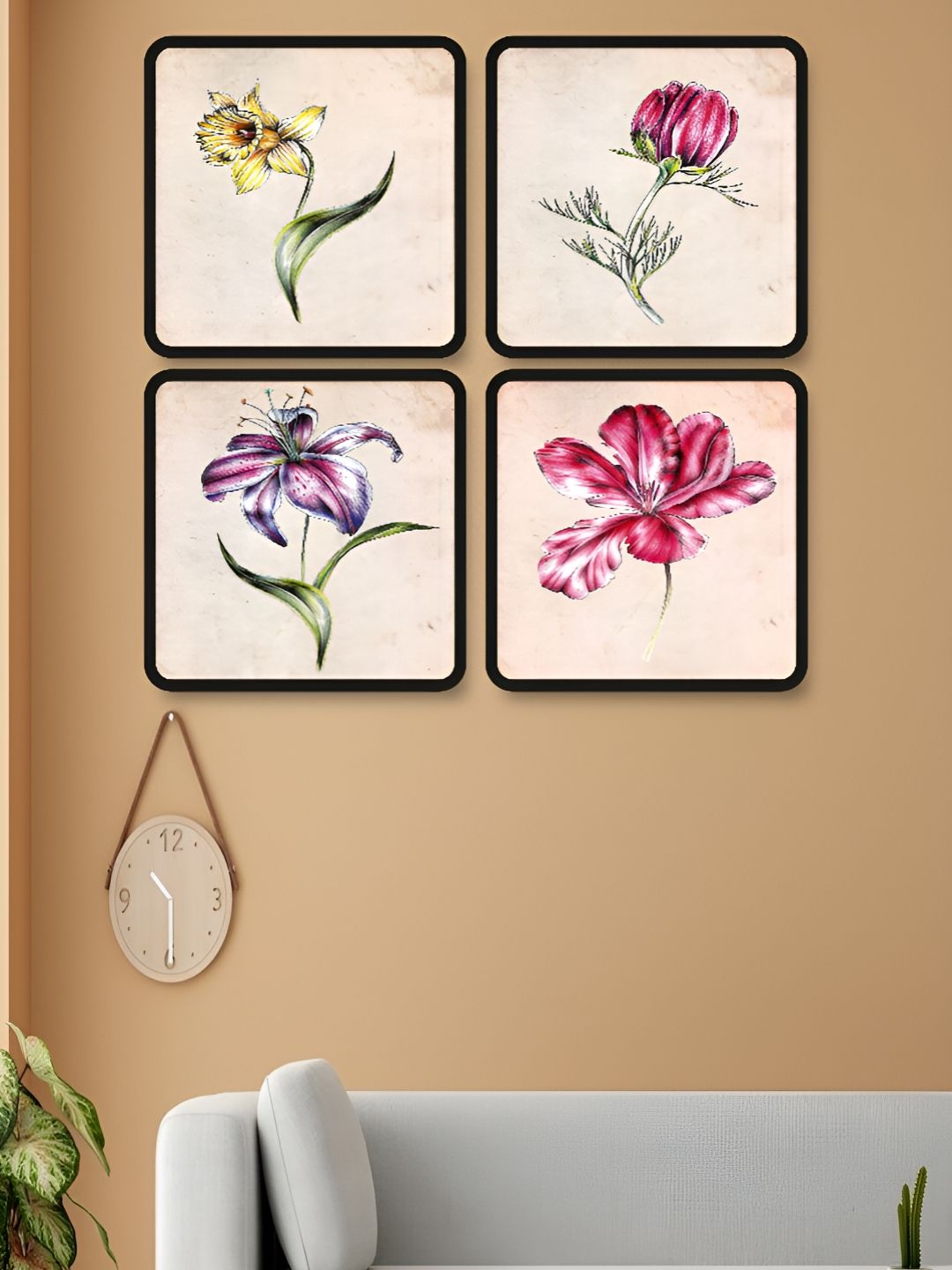 Myntra Elegant Homes Pink & Green 4 Piece Wood Floral and Botanical Wall Paintings-picture-13
