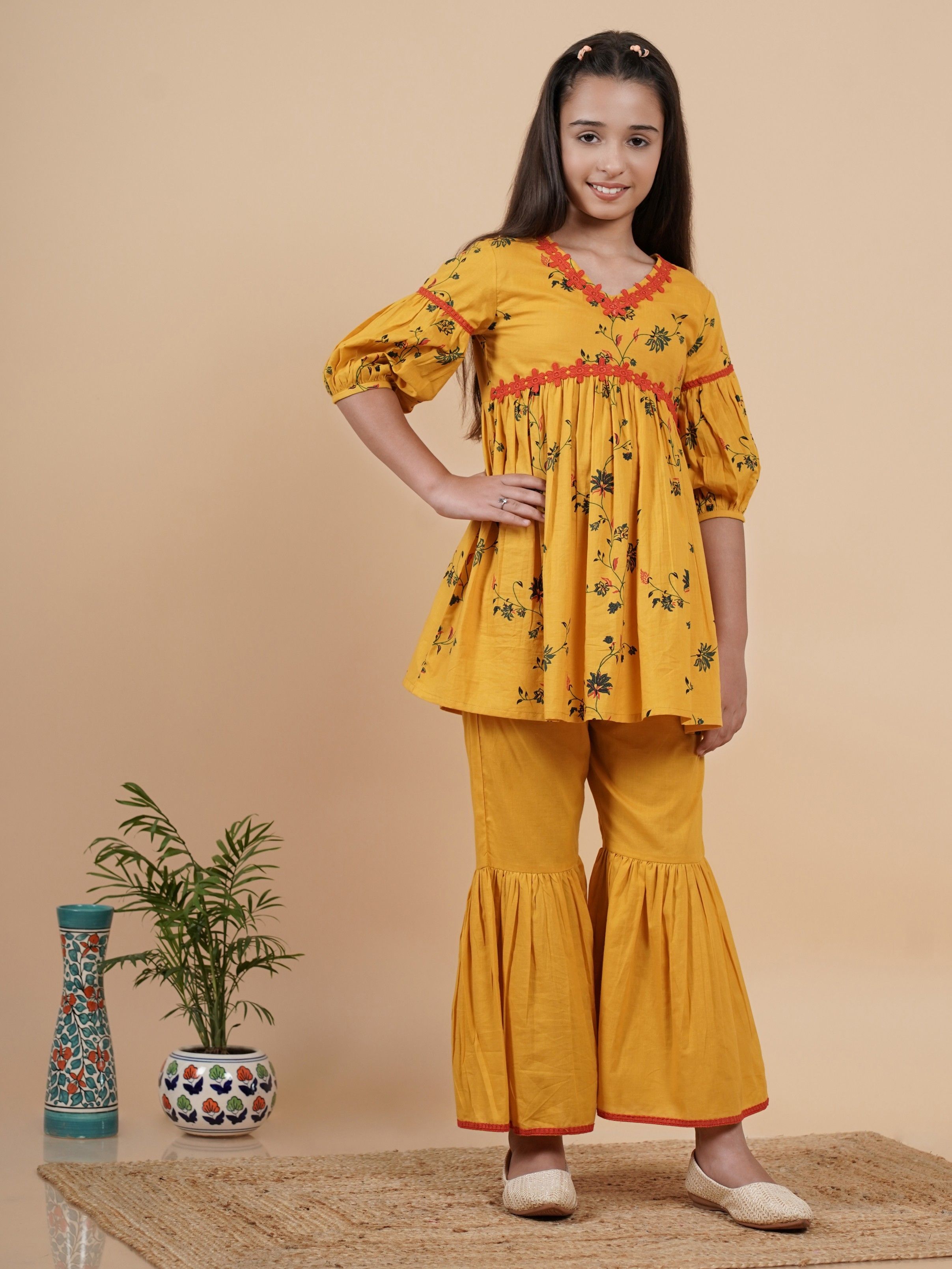 TUNIYA Girls Floral Printed Cotton Blend V-Neck Empire Kurta With Sharara-picture-50