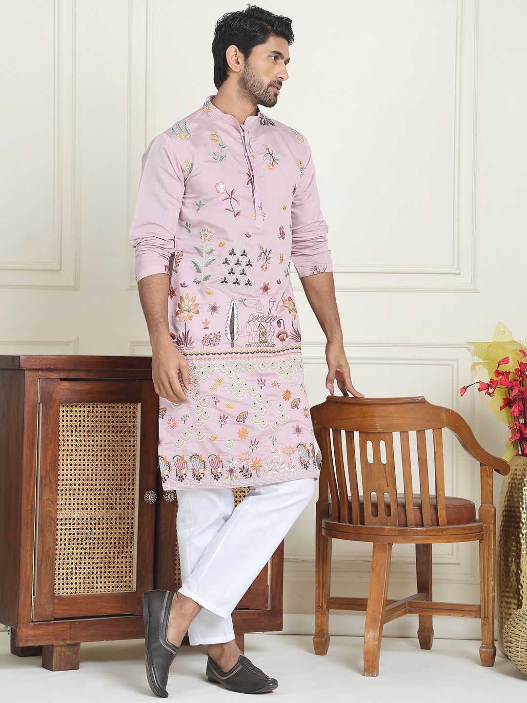 Jompers Men Floral Embroidered Regular Chikankari Kurta with Pyjamas-picture-16