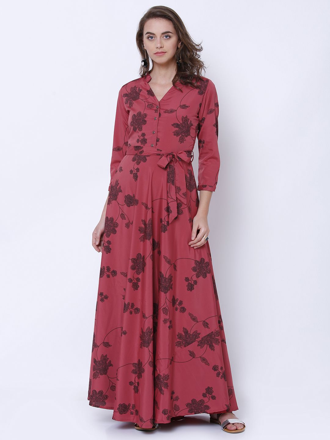 Tokyo Talkies Women Printed Crepe Mandarin Neck Flared Maxi Dress