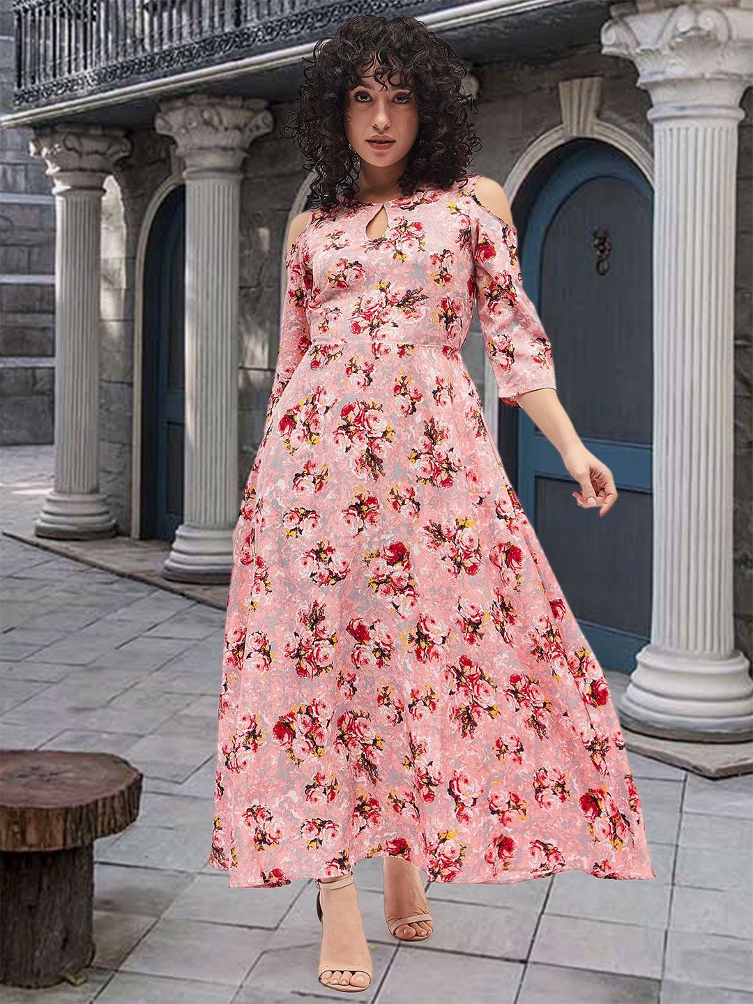 DressBerry Floral Print Keyhole Neck Cold-Shoulder Crepe A-Line Maxi Dress-picture-33