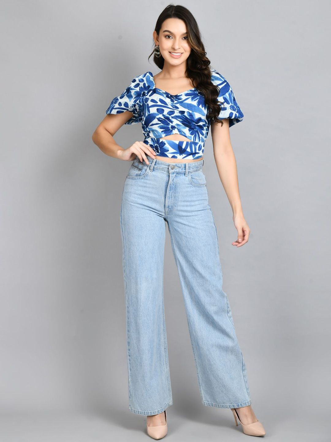 STRIPE FLORAL BOW PATTERN SWEETHEART NECK CROP TOP