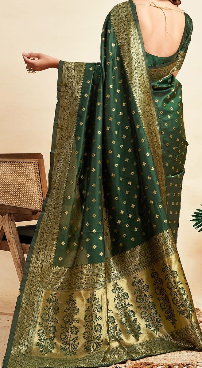Green Woven Design Ethnic Motifs Zari Satin Banarasi Saree main image 1