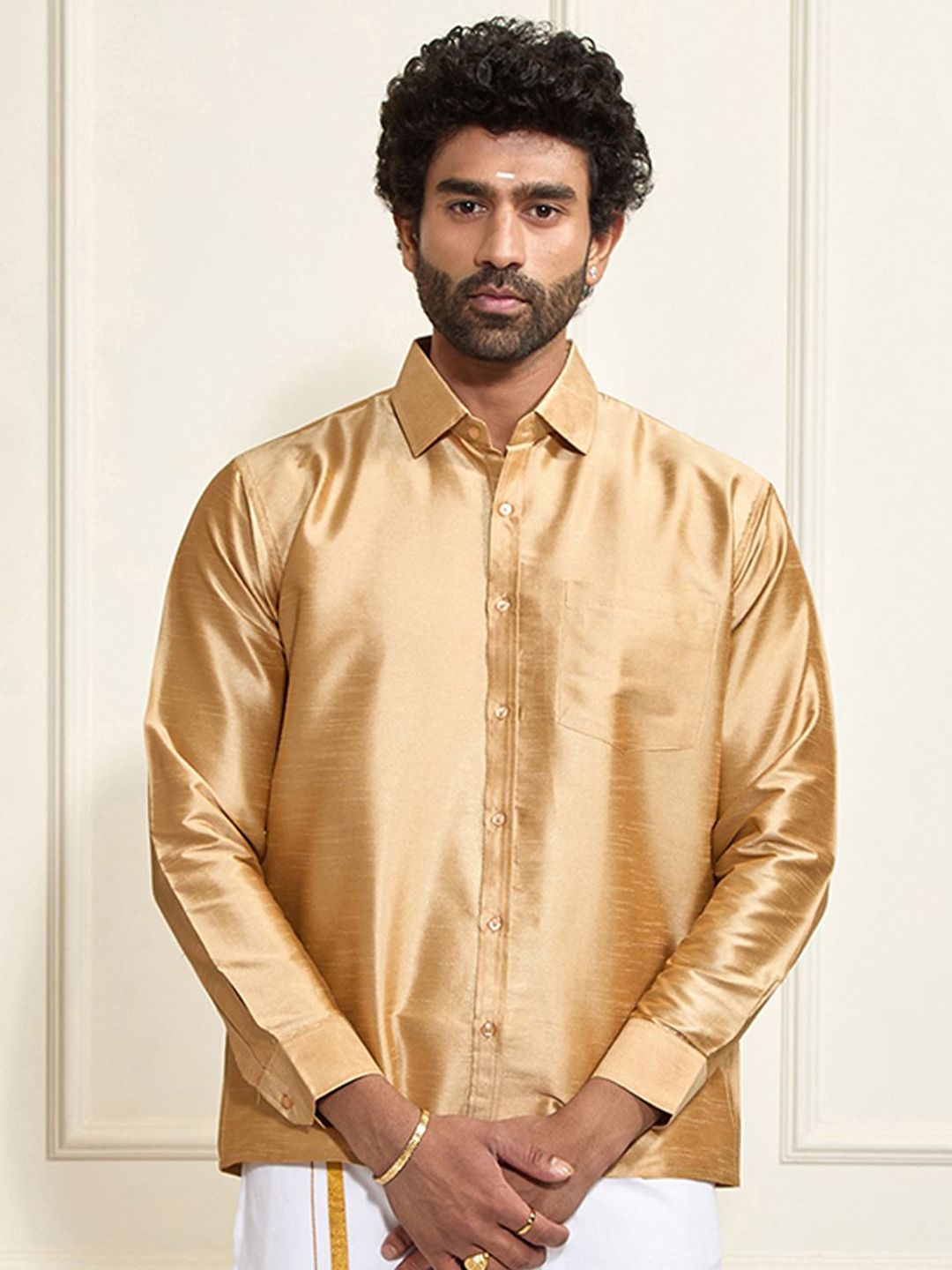 VASTRAMAY Men Premium Spread Collar Solid Silk Casual Shirt-picture-31