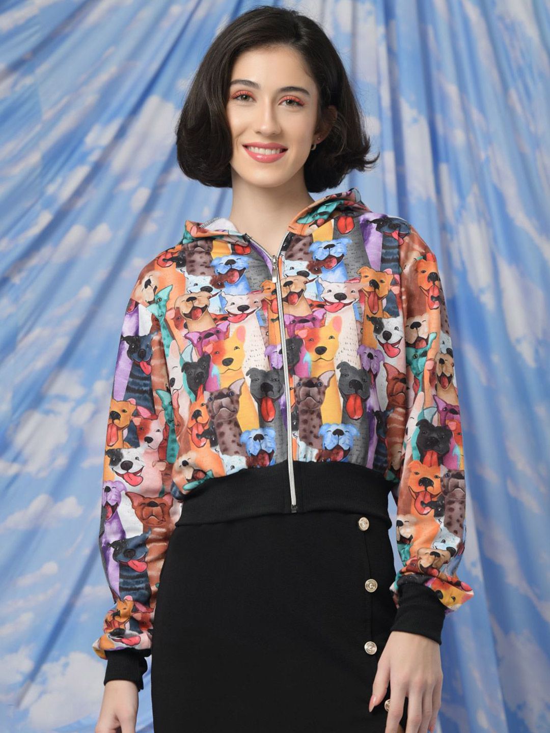 TANDUL Women Animal Printed Lightweight Crop Velvet Bomber Hooded Jacket-picture-27
