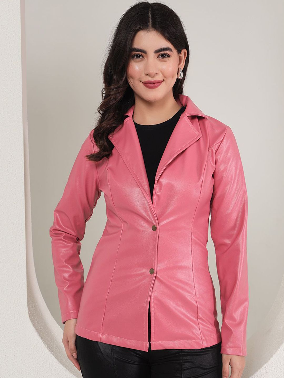 TANDUL Women Slim Fit Notched Lapel Single-Breasted Leather Blazer-picture-14