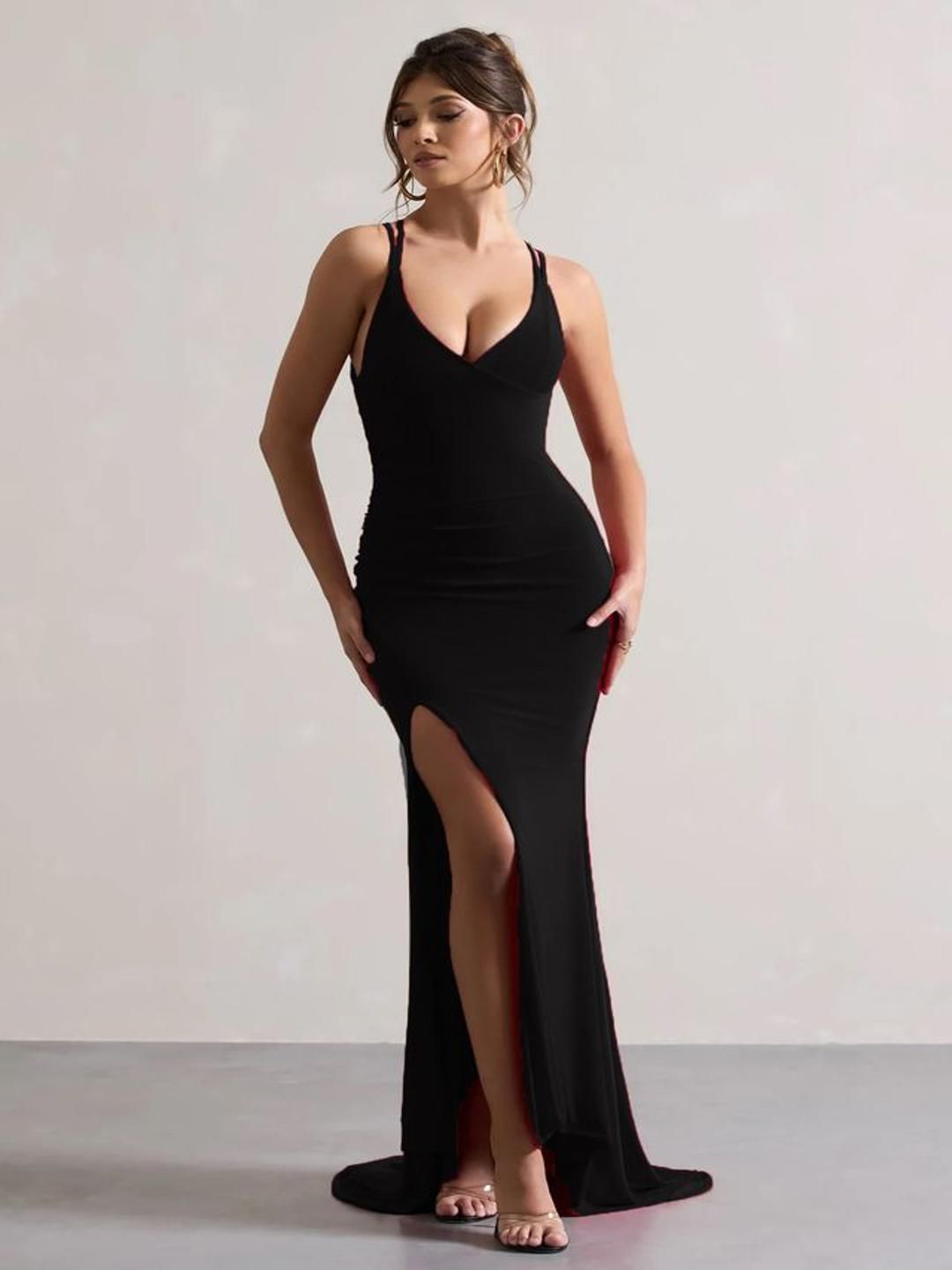 TRAQUILA Women Shoulder Straps Side Slits Bodycon Maxi Dress view 2