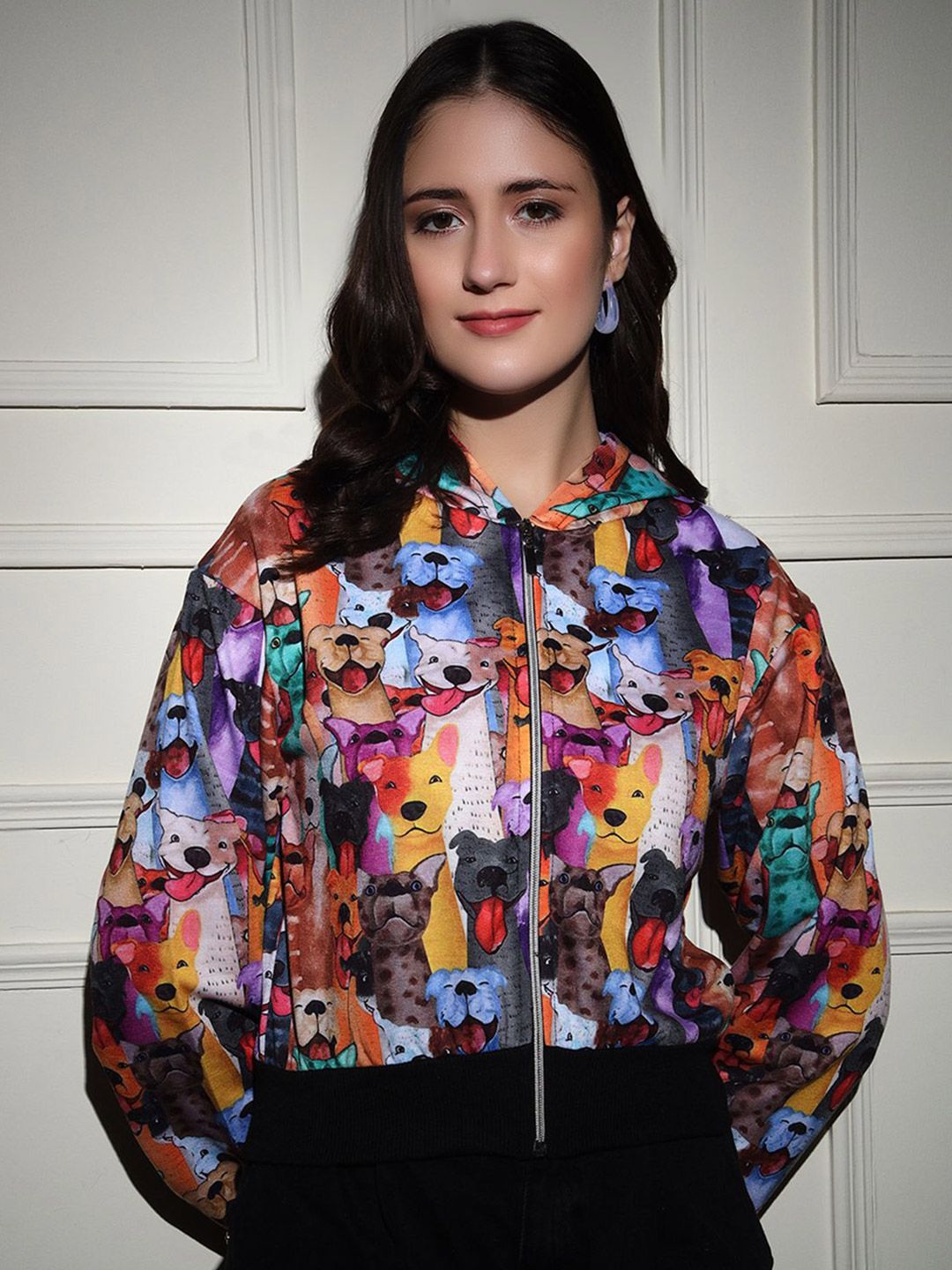 TANDUL Women Animal Printed Hooded Crop Velvet Lightweight Bomber Jacket-picture-19