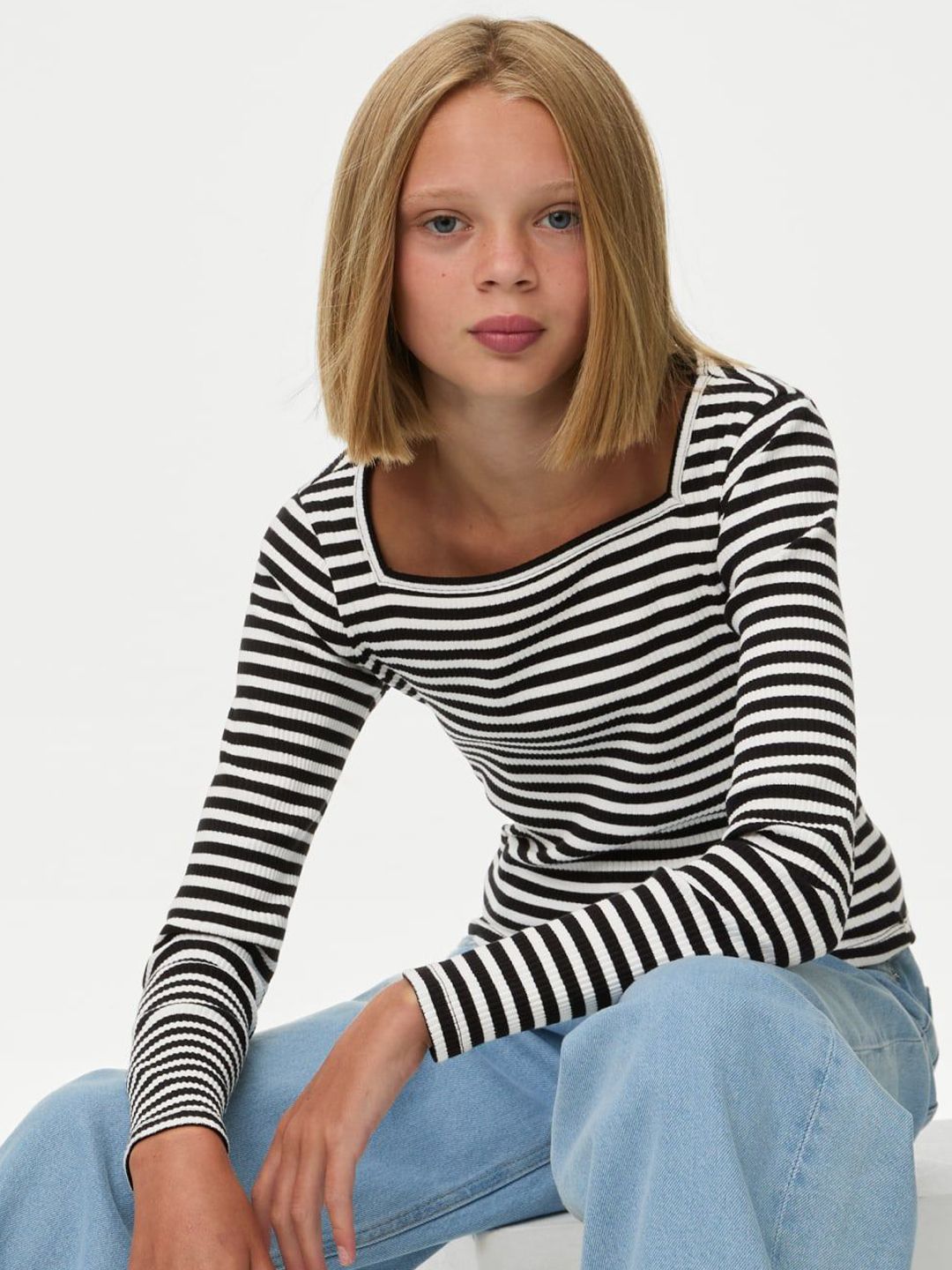 Marks & Spencer Girls Striped Square Neck Cotton Top