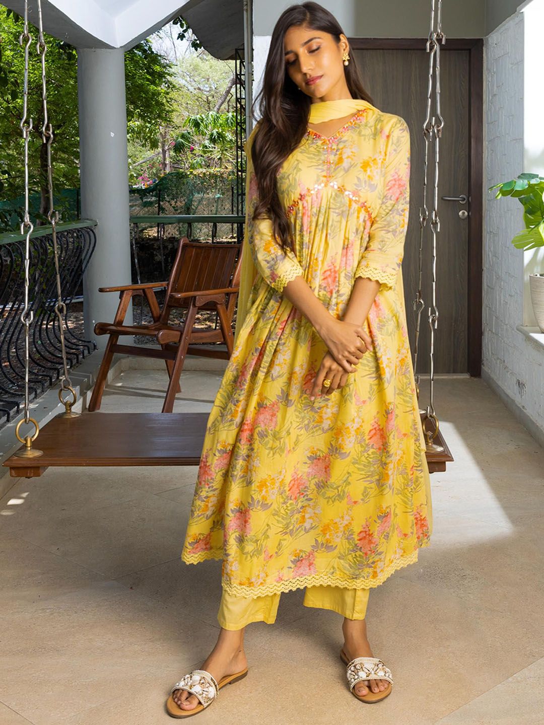 Sangria Yellow Floral Printed Empire Pure Cotton Anarkali Kurta With Trousers & Dupatta