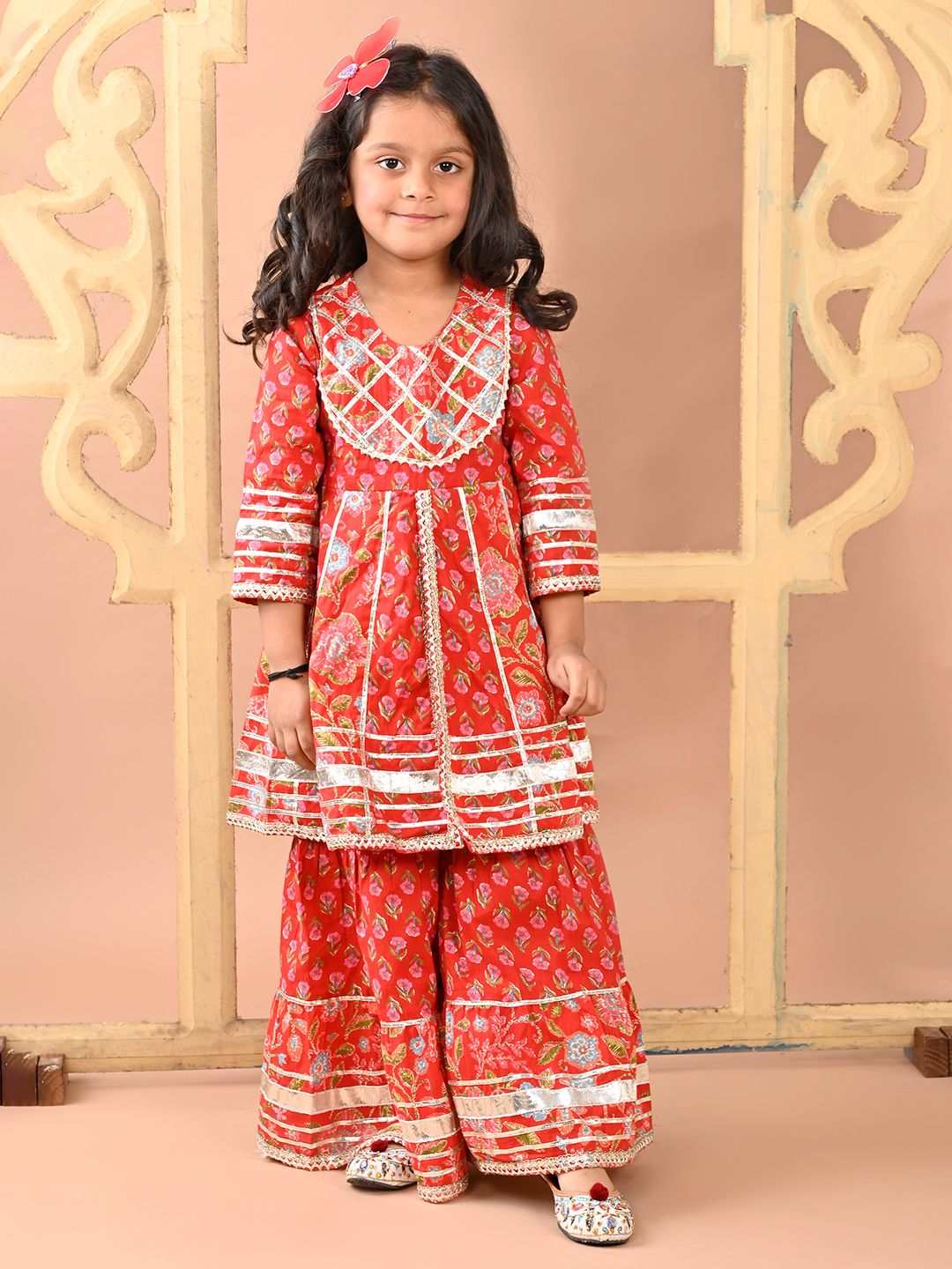 Superminis Girls Floral High Slit Gotta Patti Pure Cotton Kurti with Sharara-image-21