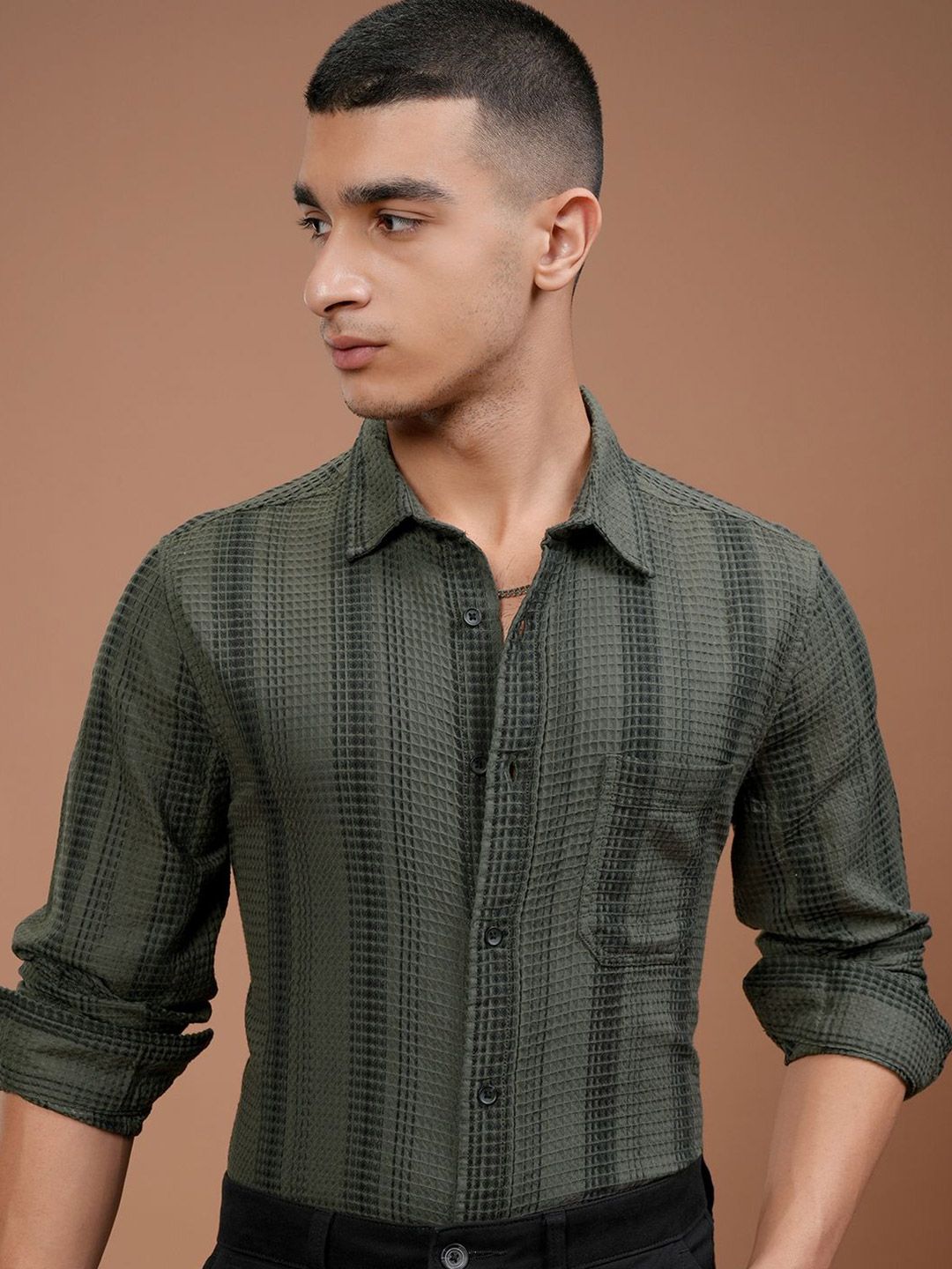 HIGHLANDER Men Slim Fit Design Spread Collar Textured Cotton Formal Shirt-image-6