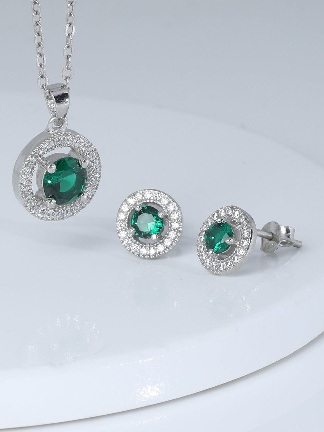 GIVA 925 Silver Rhodium-Plated CubicZirconia Studded Forest Green Shining Halo Pendant Set-picture-22