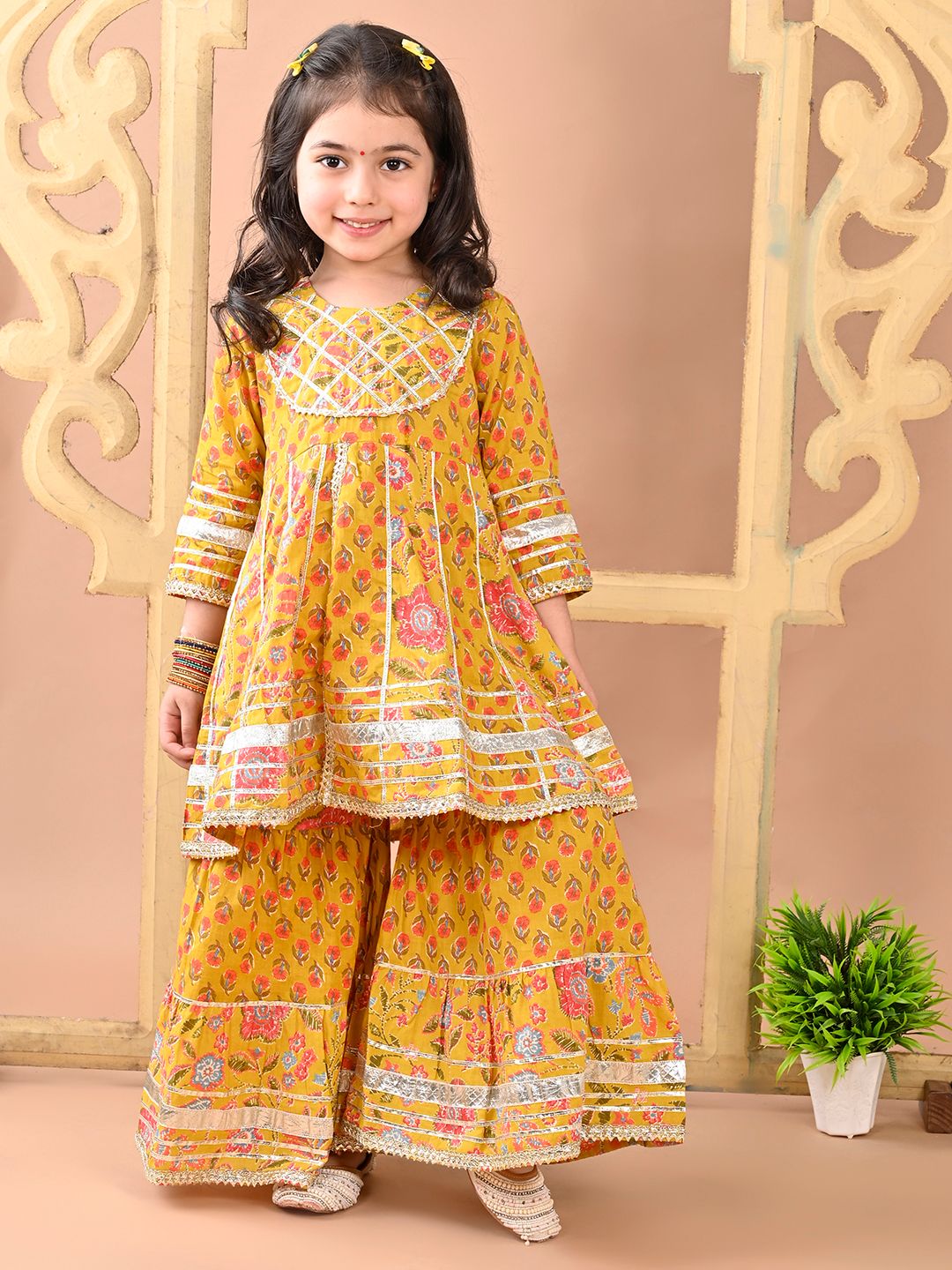 Superminis Girls Floral High Slit Gotta Patti Pure Cotton Kurti with Sharara-picture-18