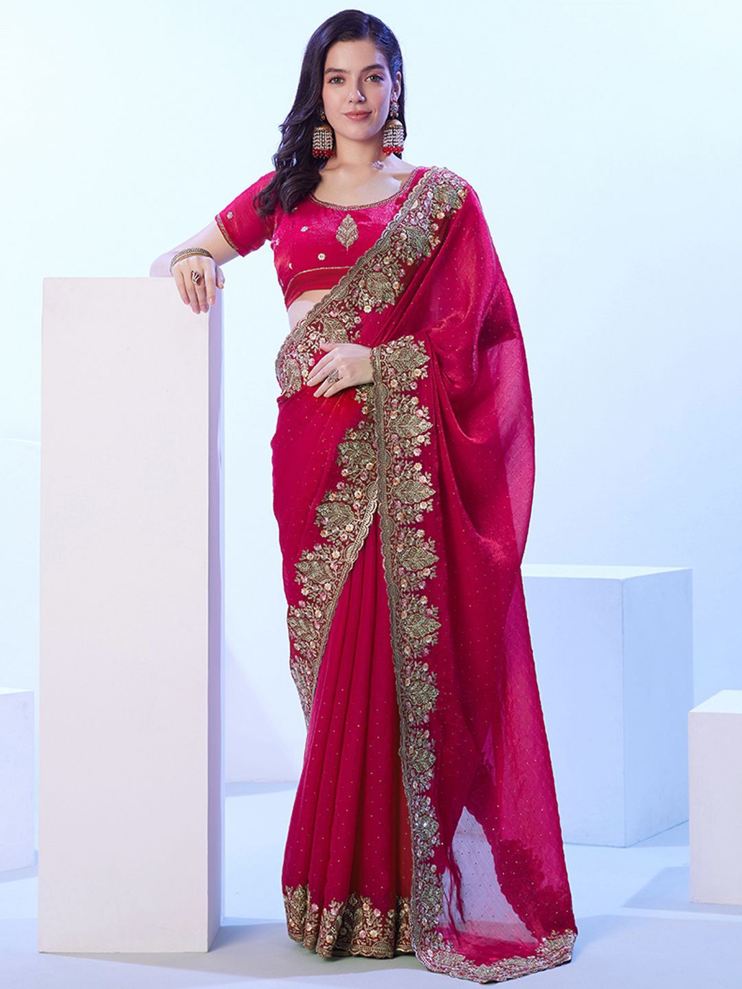 Mitera Floral Sequinned Satin Saree-image-0