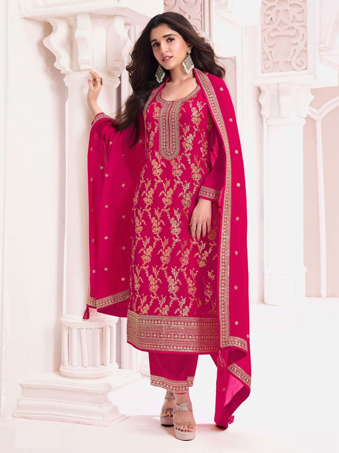 Odette Pink Viscose Rayon Embroidered Semi-Stitched Kurta Set For Women