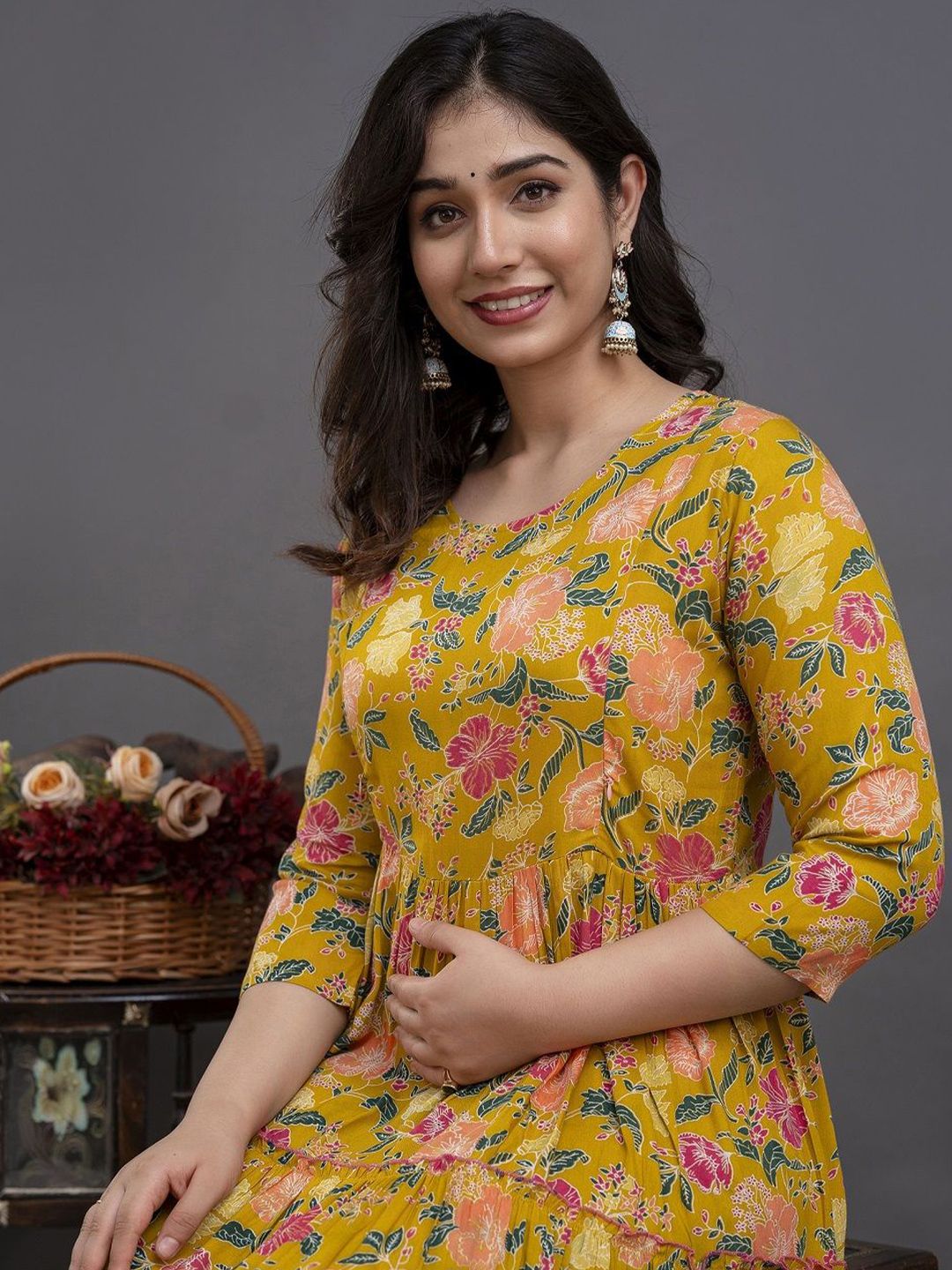 Jasoriya Floral Printed Maternity Tiered Fit & Flare Midi Dress