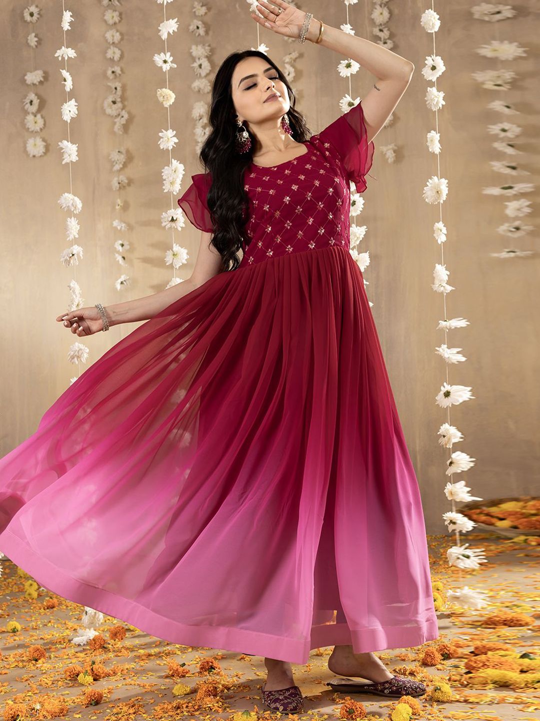 Tilton Women Embroidered Cape Sleeve GeorgetteDress  Fit & Flare Maxi Dress