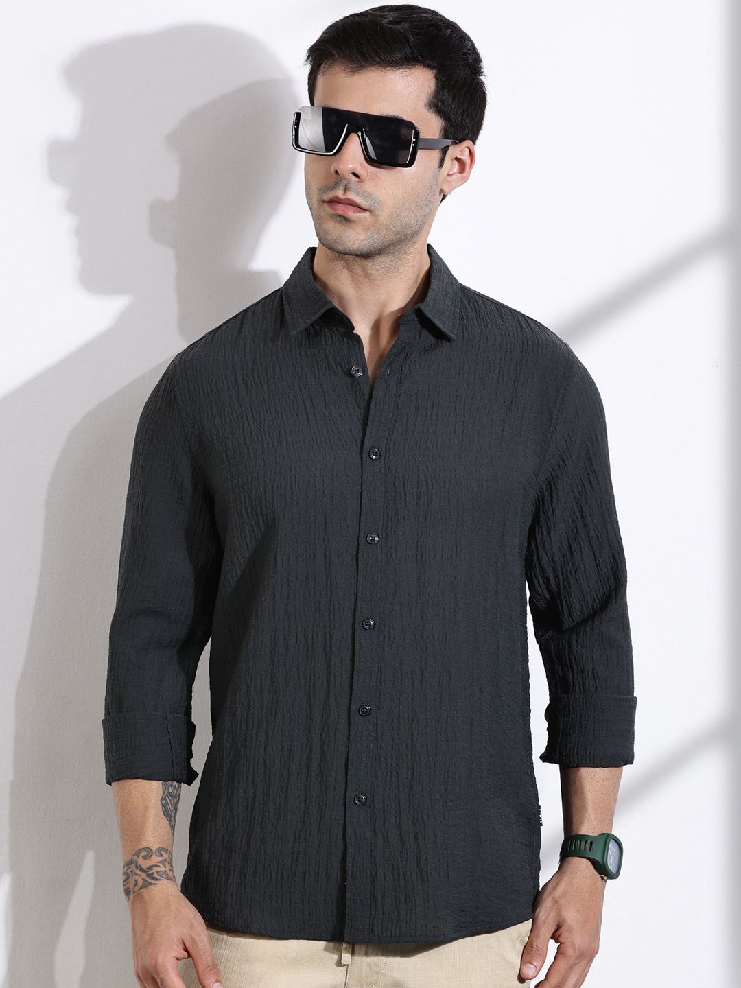 Thomas Scott Men Classic Slim Fit Spread Collar Textured Casual Shirt-picture-36