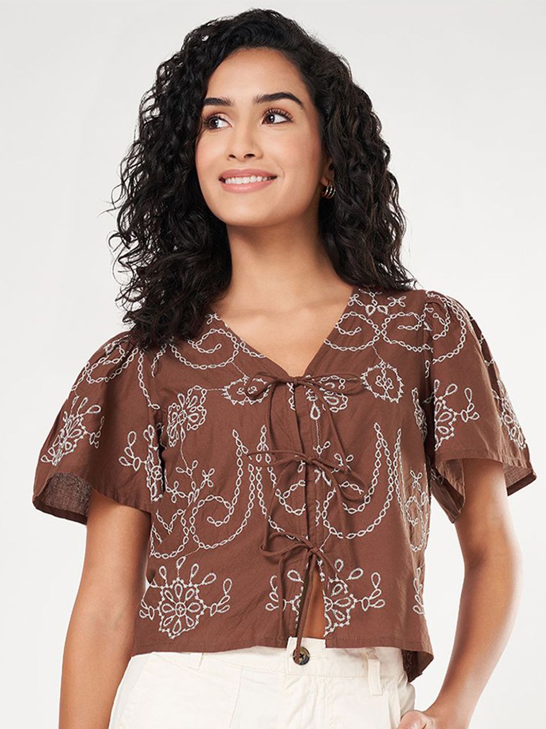 Honey by Pantaloons Women Floral Embroidered Flared Sleeve Cotton Top-picture-19