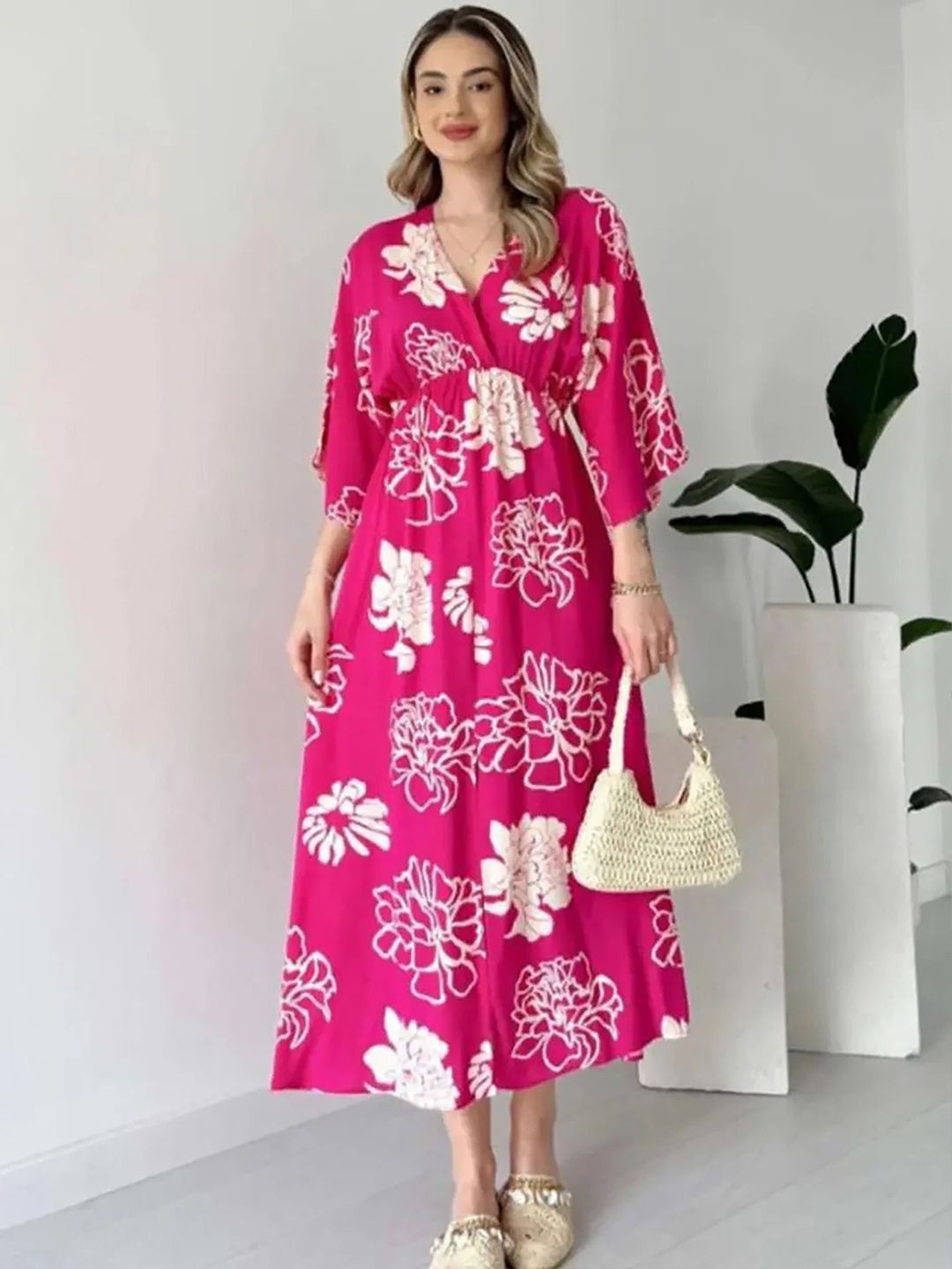 PIMU Floral Print Flared Sleeve Fit & Flare Midi Dress