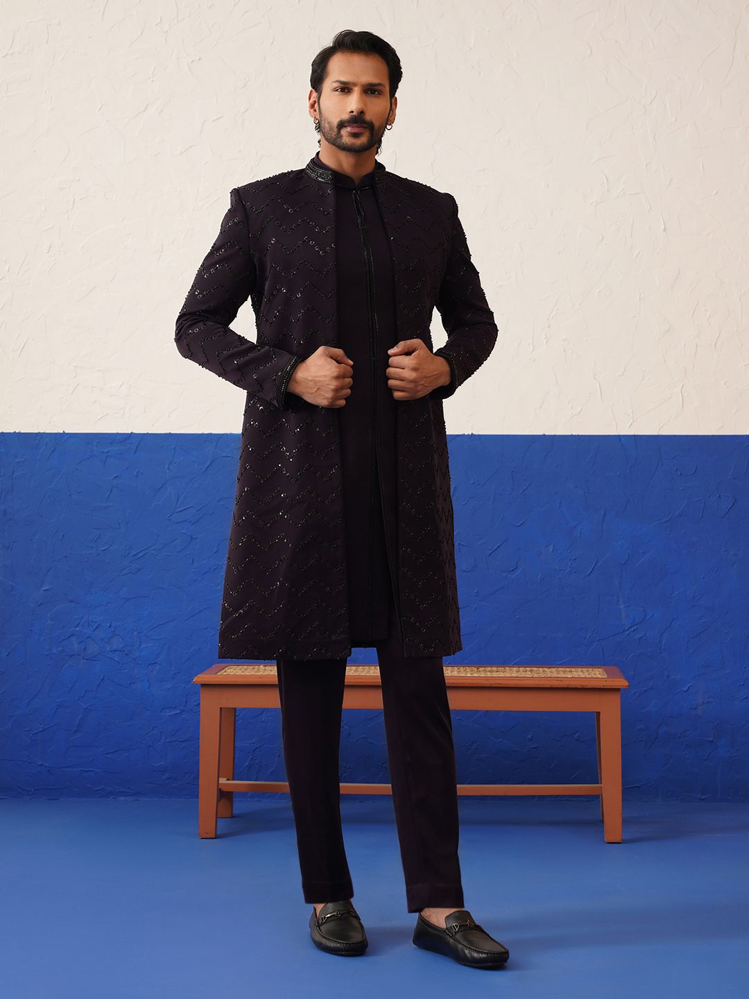 TheEthnic.Co Men Teal Embroidered Sherwani Set-picture-31