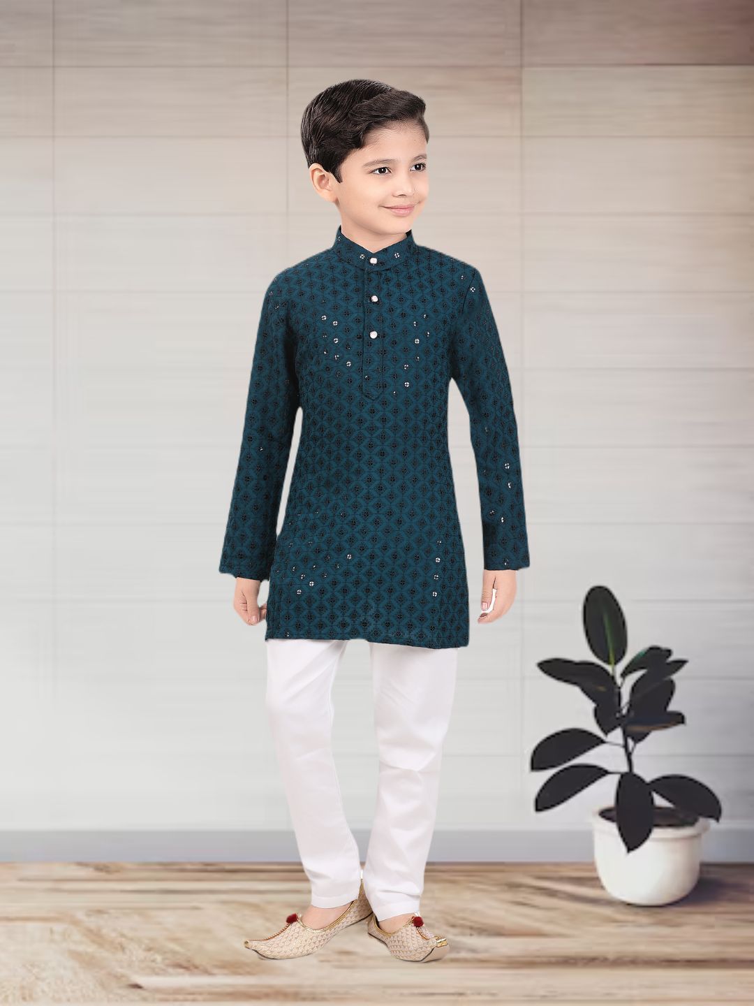 BAESD Boys Ethnic Motifs Embroidered Band Collar Straight Kurta With Pyjamas-image-22