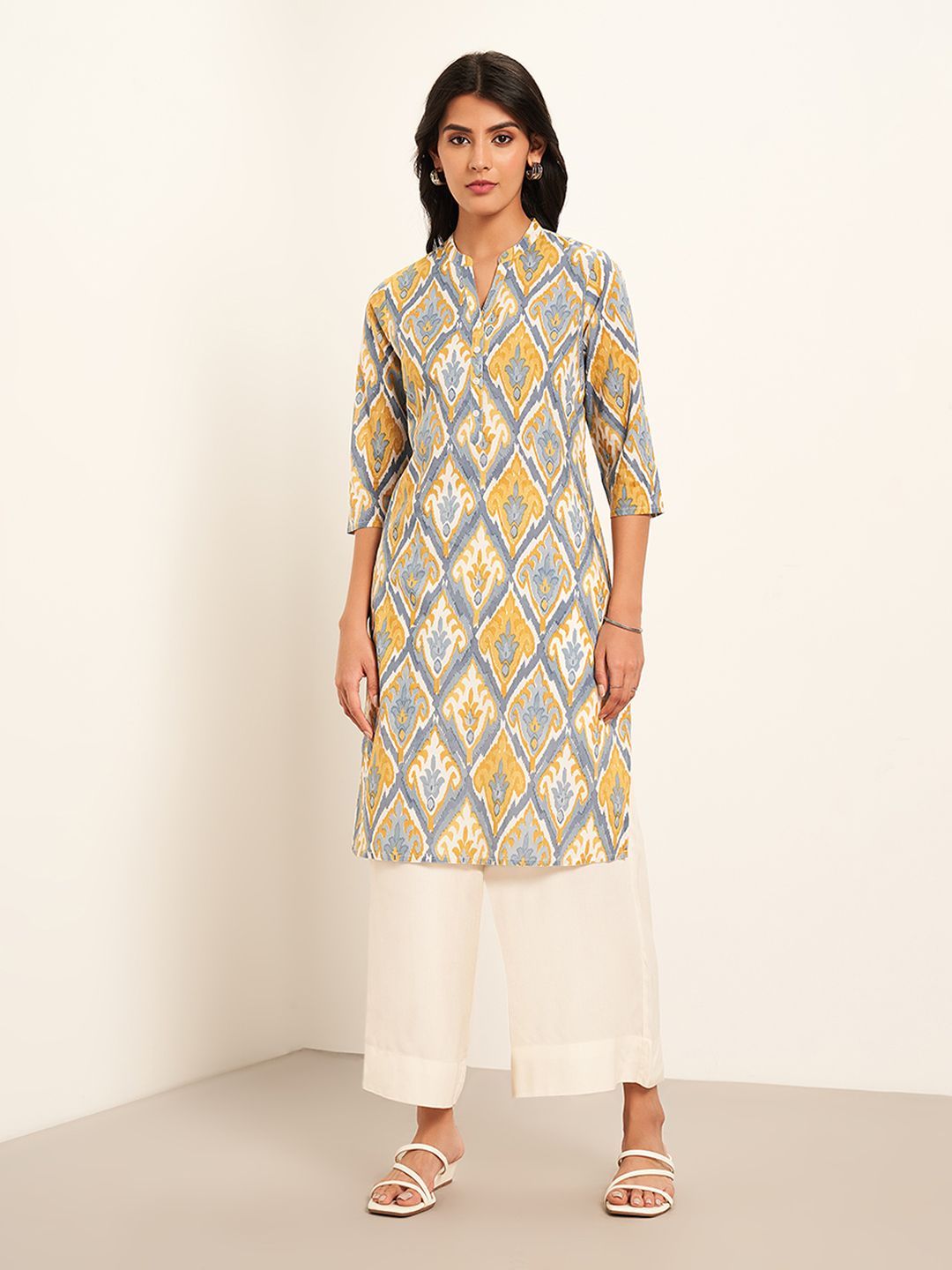 RANGMANCH BY PANTALOONS Geometric Printed Mandarin Collar Straight Kurta-picture-41