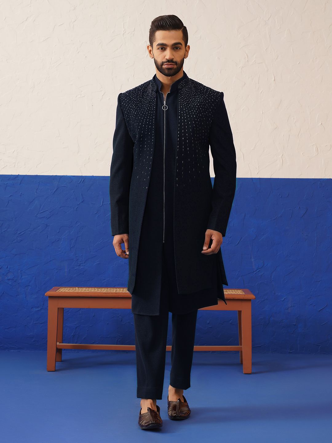 TheEthnic.Co Men Navy Blue Embriodered Layered Sherwani Set-picture-18