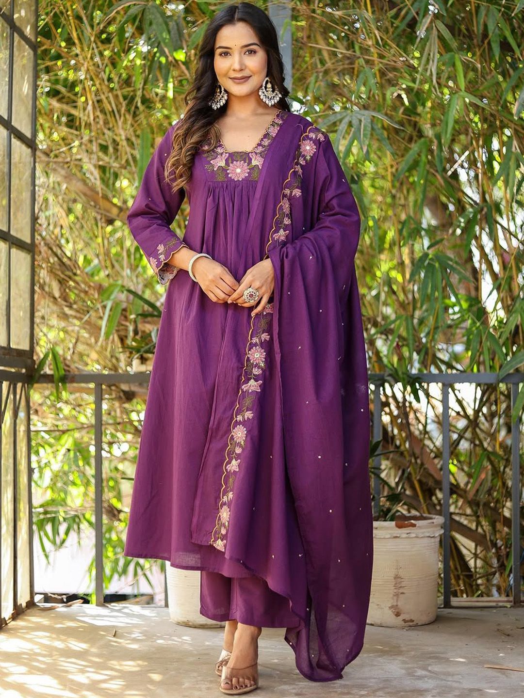 Ethnik Ease Women Floral Embroidered Anarkali Kurta with Palazzo & Dupatta