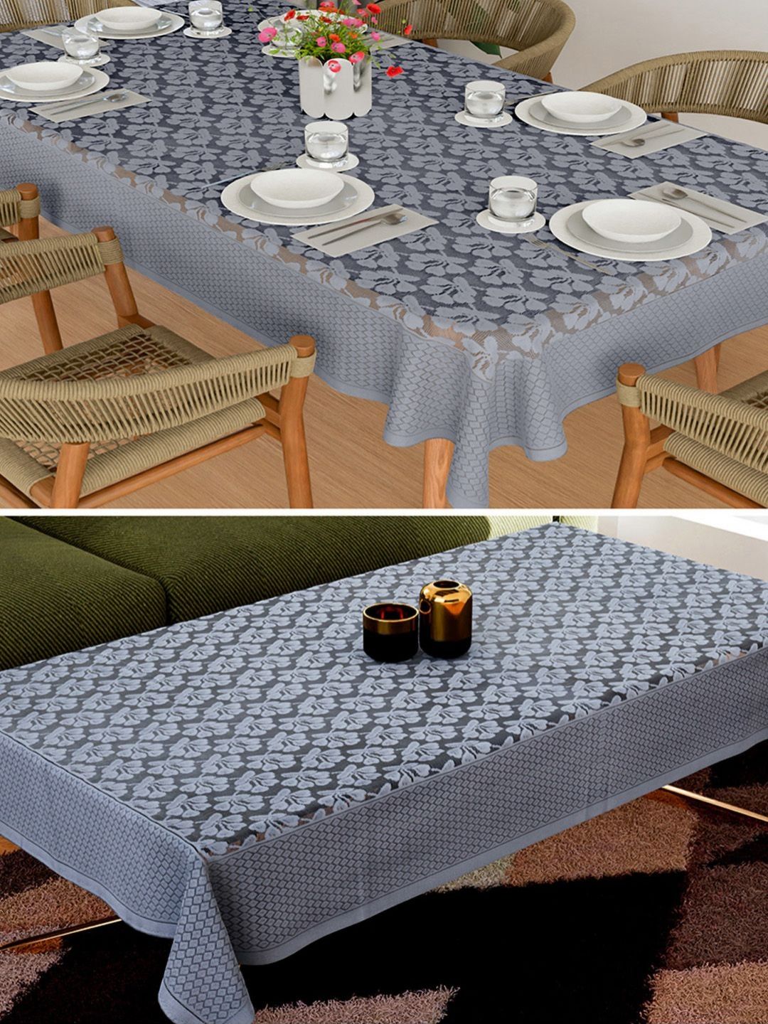 Aura Grey 2 Pieces Floral Printed Anti-Skid Cotton 6-Seater Table Cover-image-45