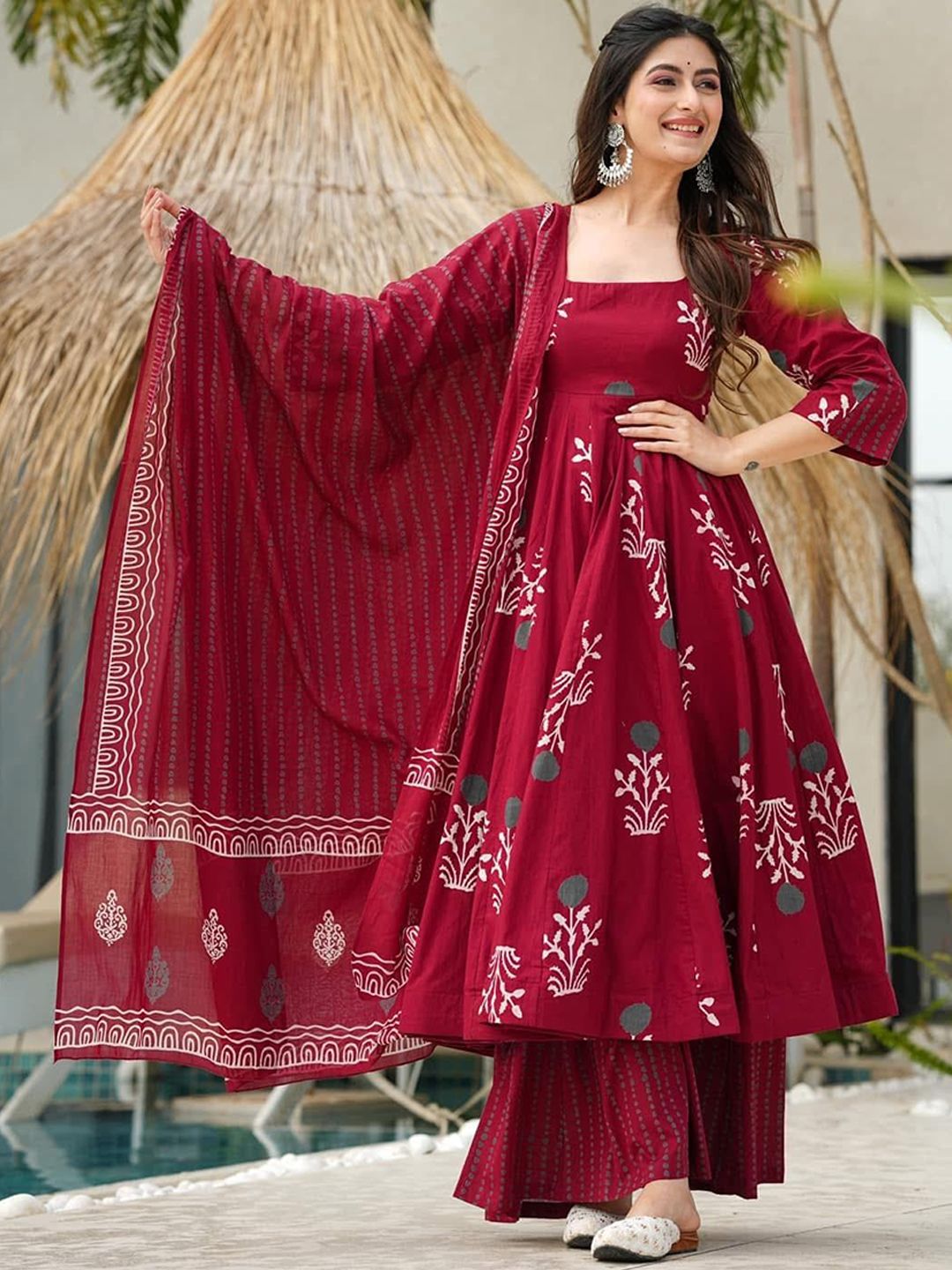 KALINI Floral Printed Empire Square Neck Anarkali Kurta With Palazzos & Dupatta