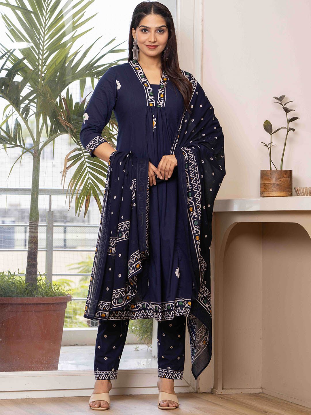 JAIMINI Women Floral Printed Cotton Anarkali Kurta with Trousers & Dupatta