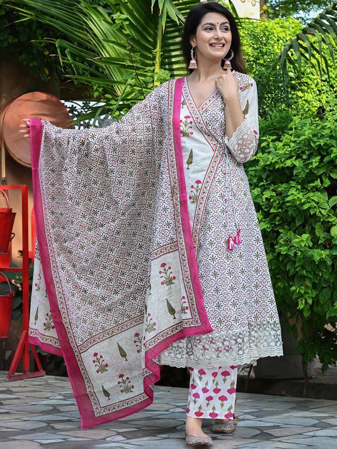 DSS FASHION Women Floral Printed Anarkali Angrakha Knee Length Pure Cotton Kurta Set