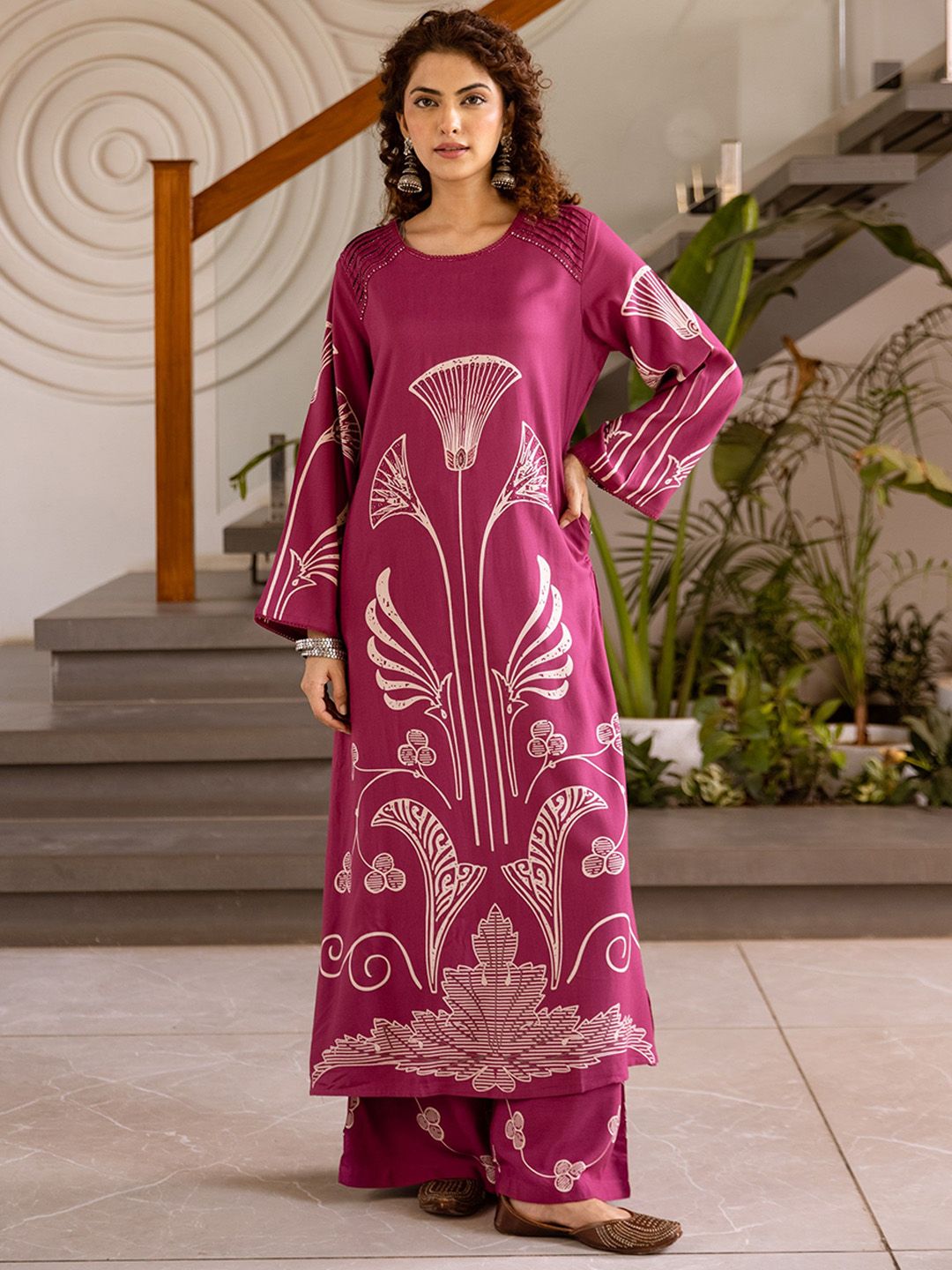 Nehamta Women Ethnic Motifs Printed Regular Beads and Stones Kurta with Palazzos