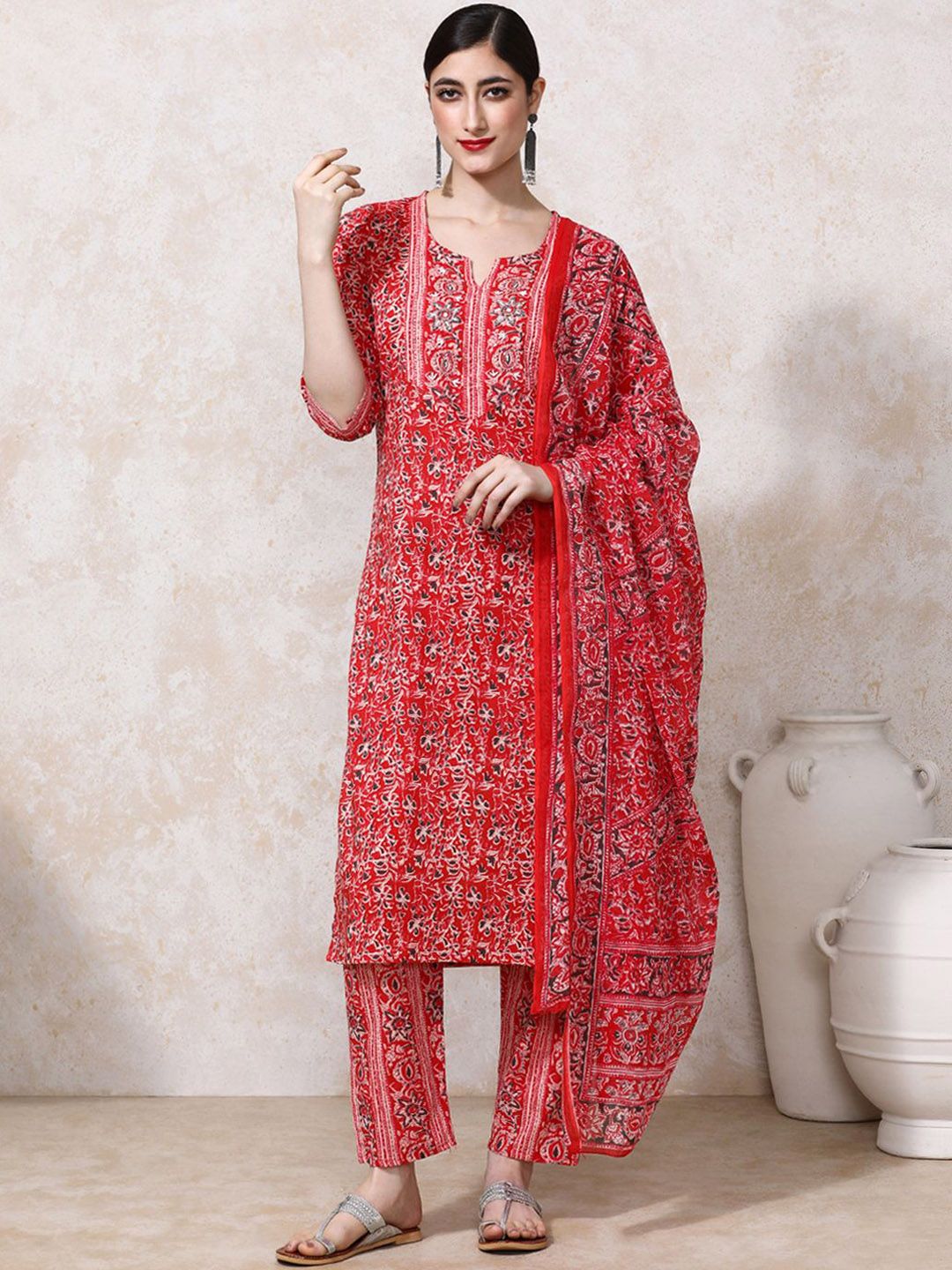 Moara Floral Embroidered Cotton Kurta & Trouser With Dupatta