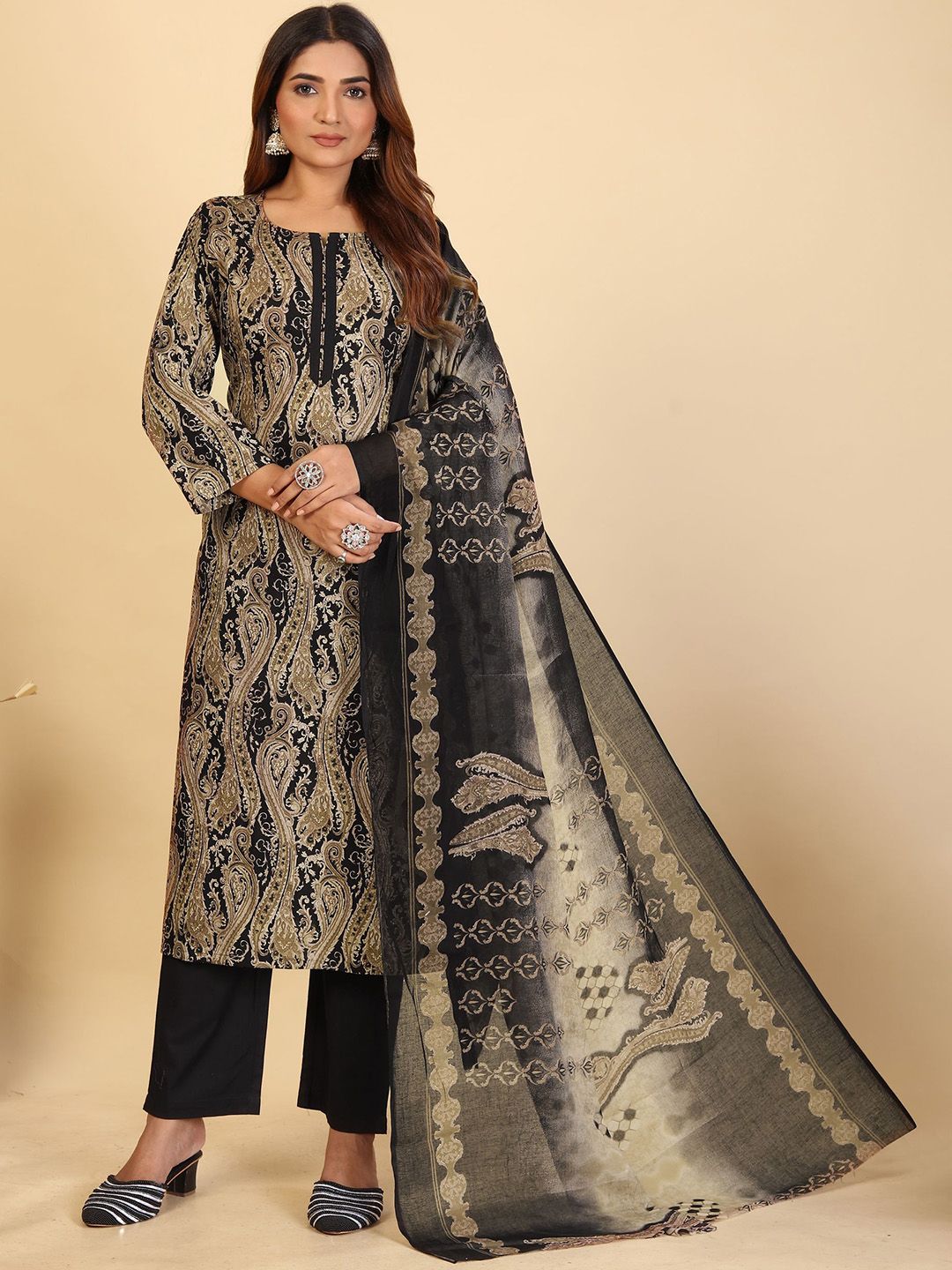 Larqi Paisley Printed Notch Neck Pure Cotton Straight Kurta & Trousers With Dupatta