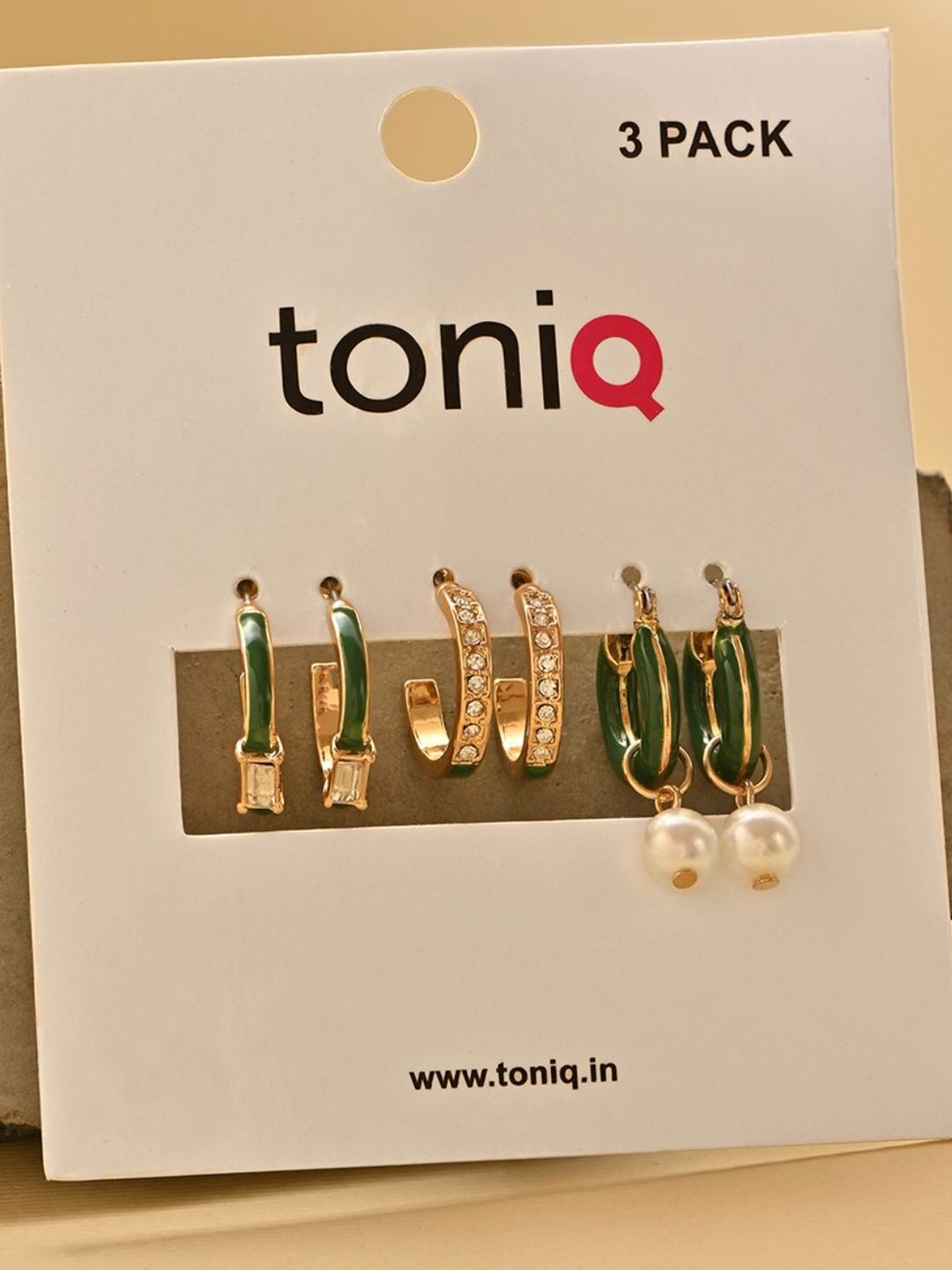 ToniQ Set Of 3 Gold Plated Artificial Stones Studded Contemporary Half Hoop Earrings-picture-22