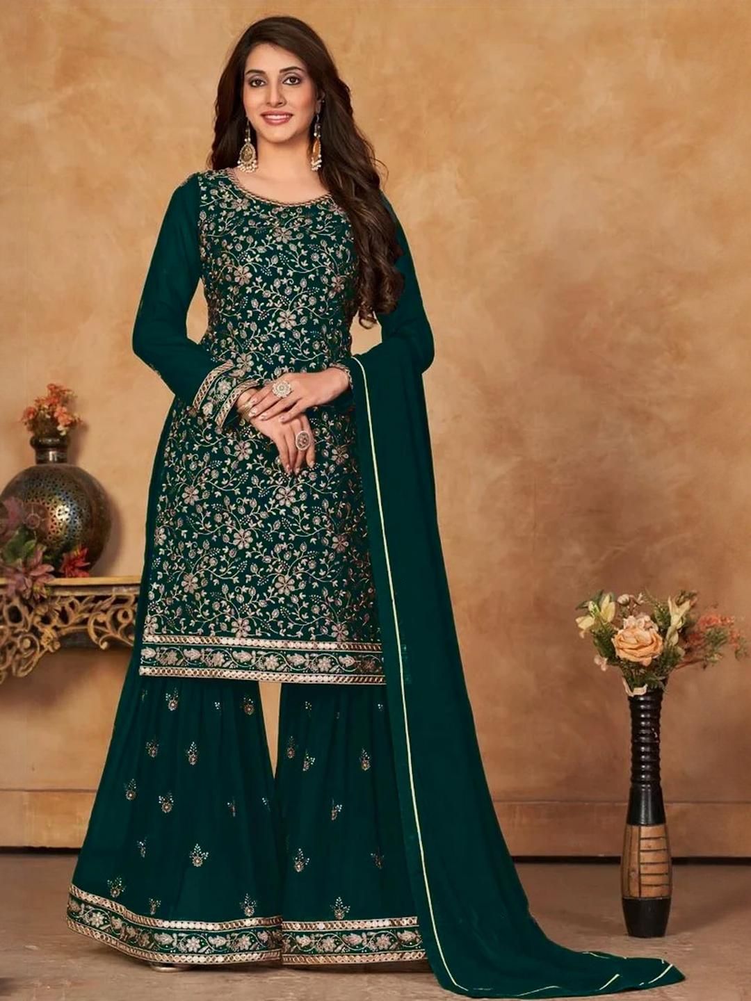 Xomantic Fashion Women Floral Embroidered Kurta with Sharara And Dupatta