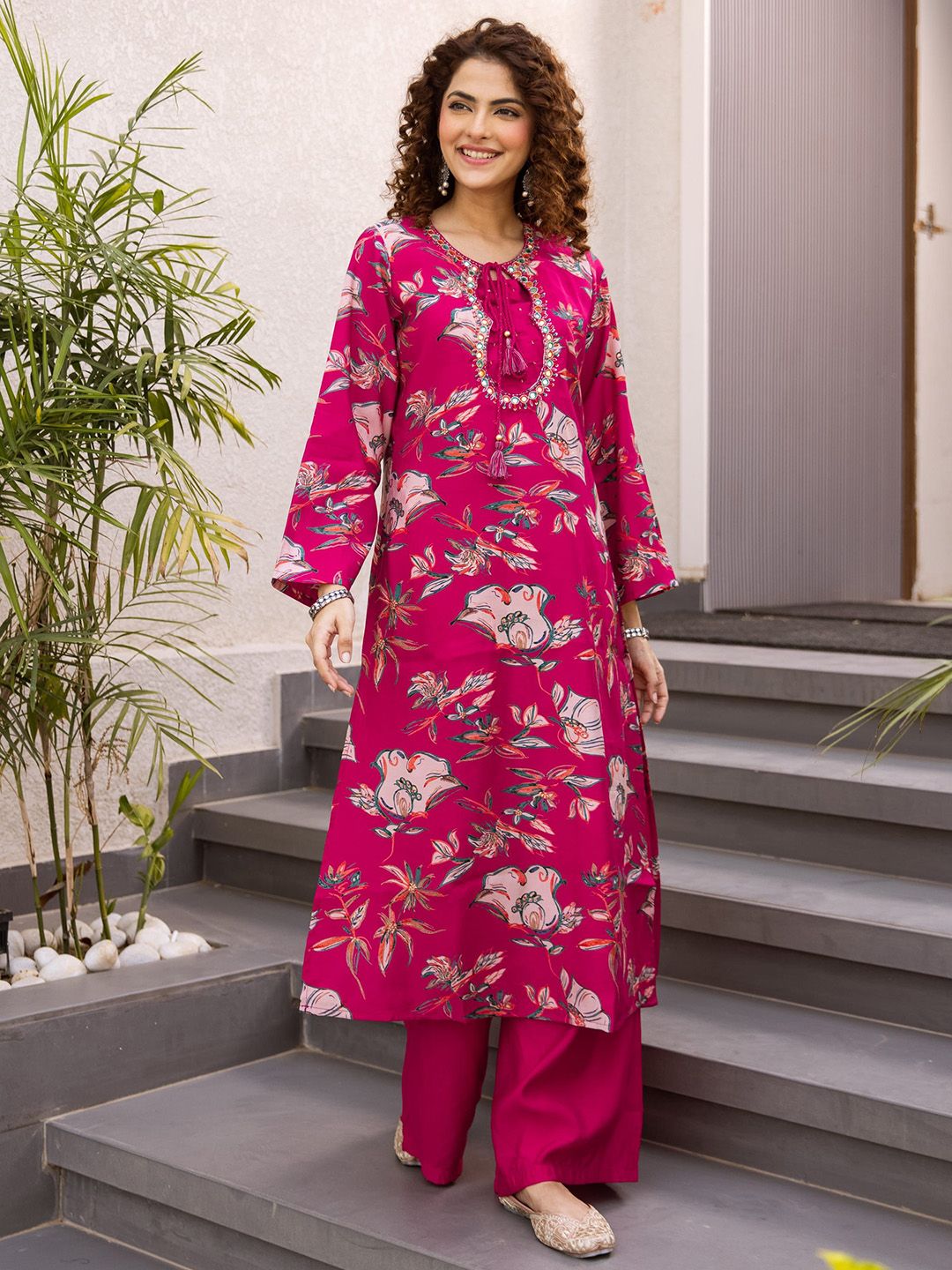 Nehamta Floral Printed Round Neck Beads & Stones Straight Kurta With Palazzos