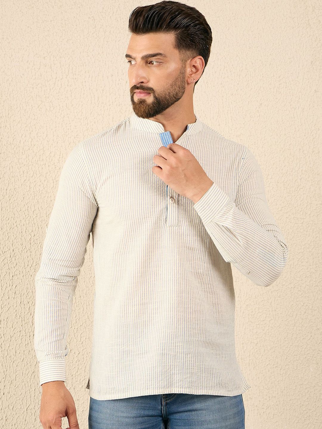 House of Pataudi Men White Striped Mandarin Collar Cotton Short Kurta-picture-24