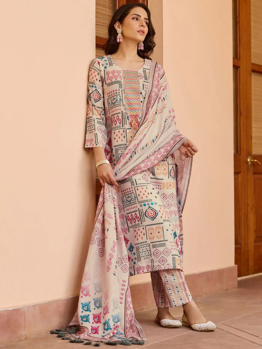 KALINI Ethnic Motifs Printed Pure Cotton Straight Kurta With Trousers & Dupatta