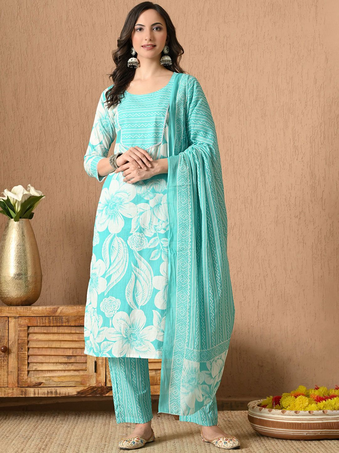 Anouk Floral Printed Round Neck Pure Cotton Straight Kurta with Trousers & Dupatta