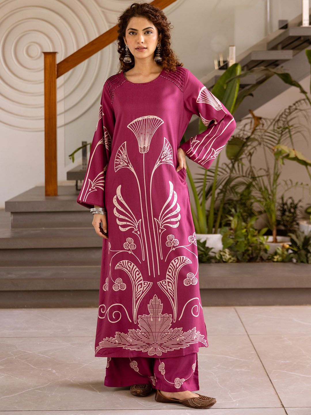KALINI Women Ethnic Motifs Printed Regular Beads and Stones Kurta with Palazzos