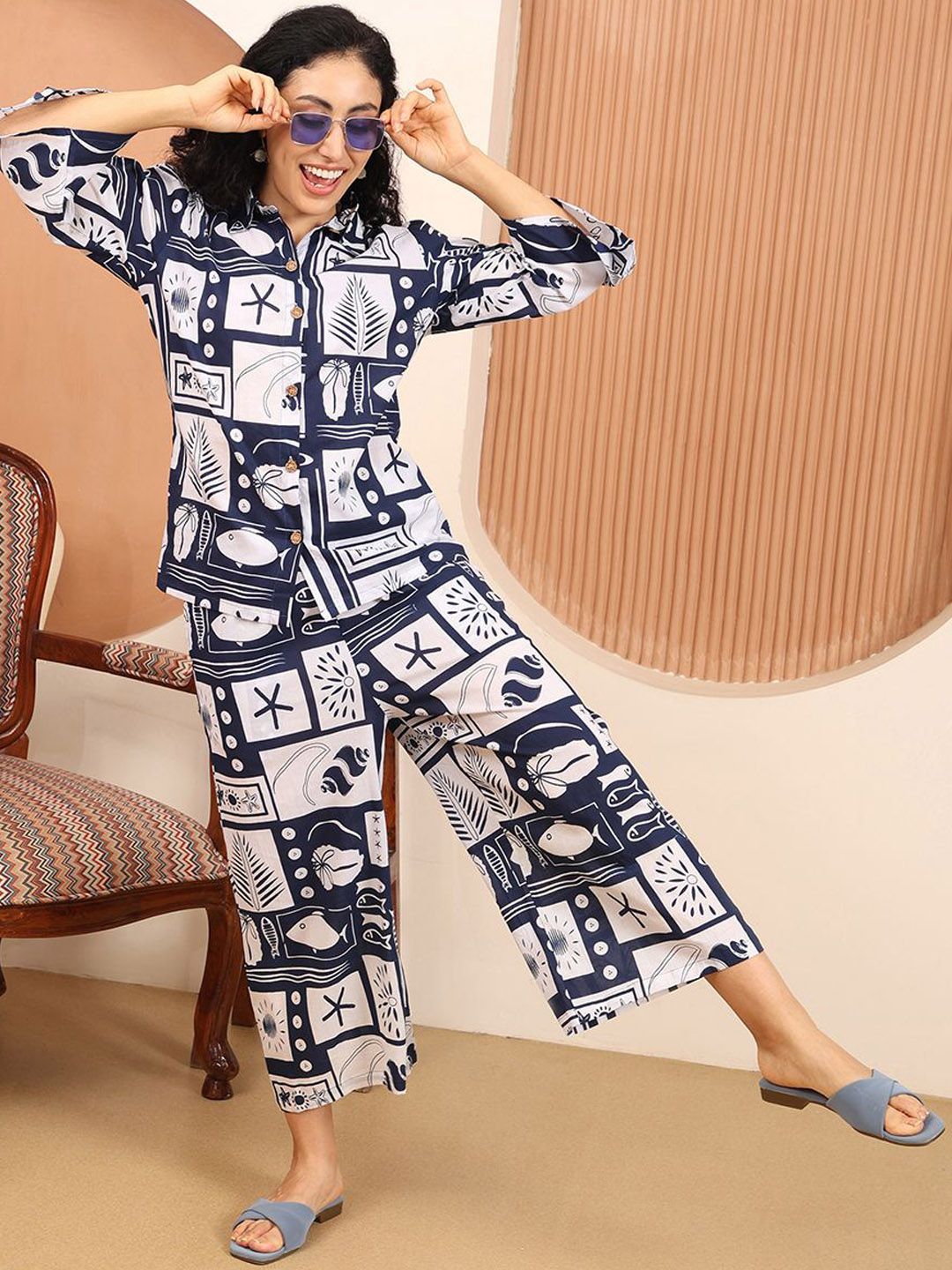 House Of Attire Printed Pure Cotton Collared Neck Tunic With Trousers Co-Ords-picture-23