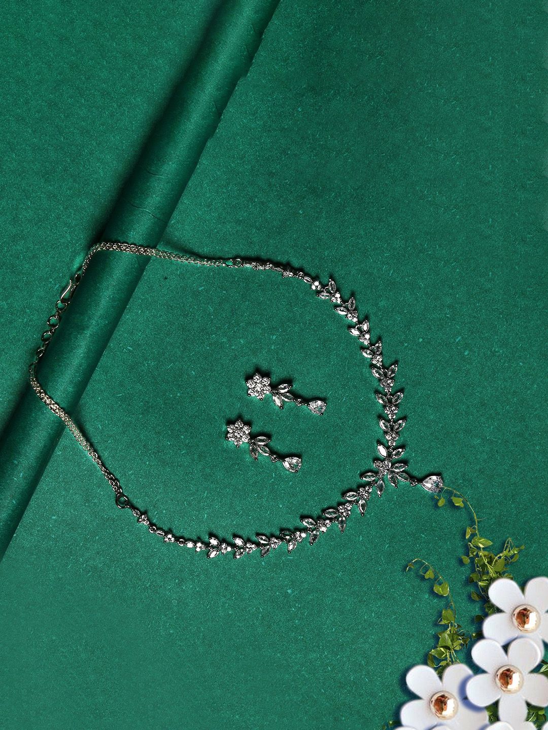 Gemron Jewel Rhodium-Plated Cubic Zirconia & American Diamond Studded Jewellery Set-picture-26