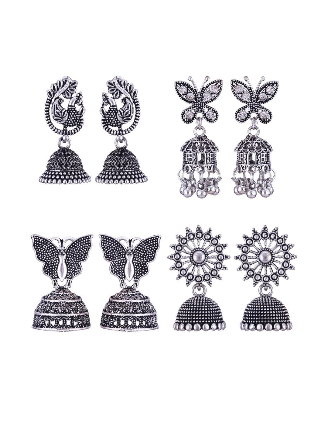 Sangria Oxidised Silver Pair of 4 Peacock Shaped Jhumkas Earrings-picture-10