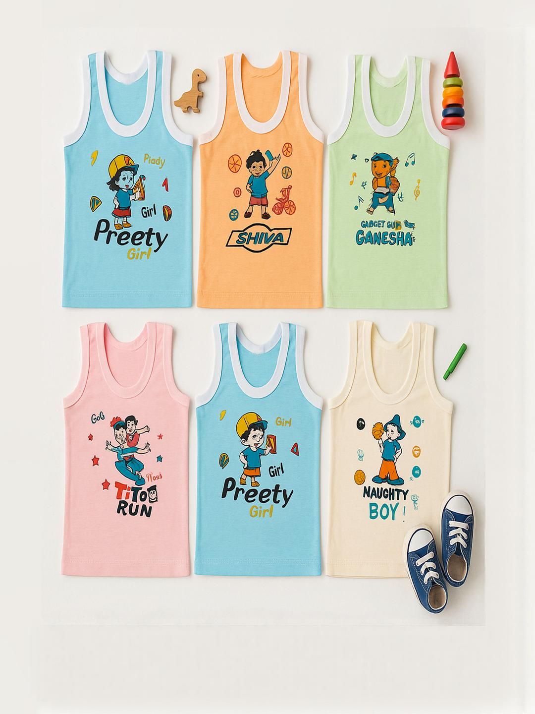 Cortica Colorful Printed Vest Cotton Inner wear for Baby Boys| Multicolor Pack of 6