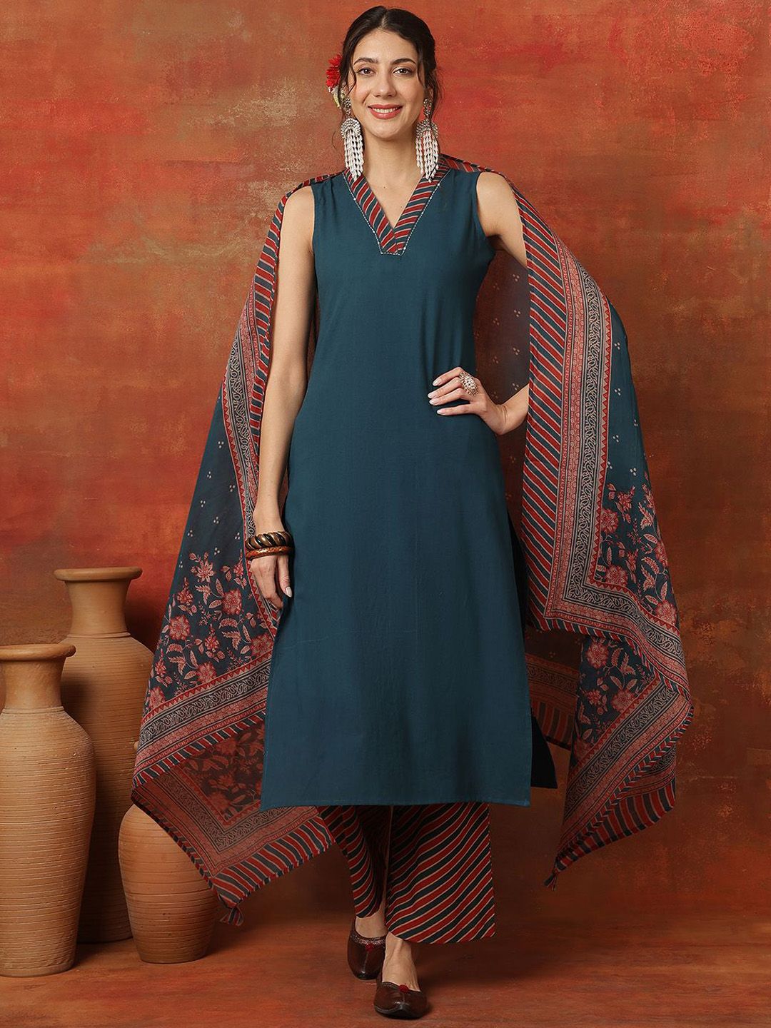 Sangria Women V-Neck  A-Line Calf Length Kurta & Palazzos With Dupatta