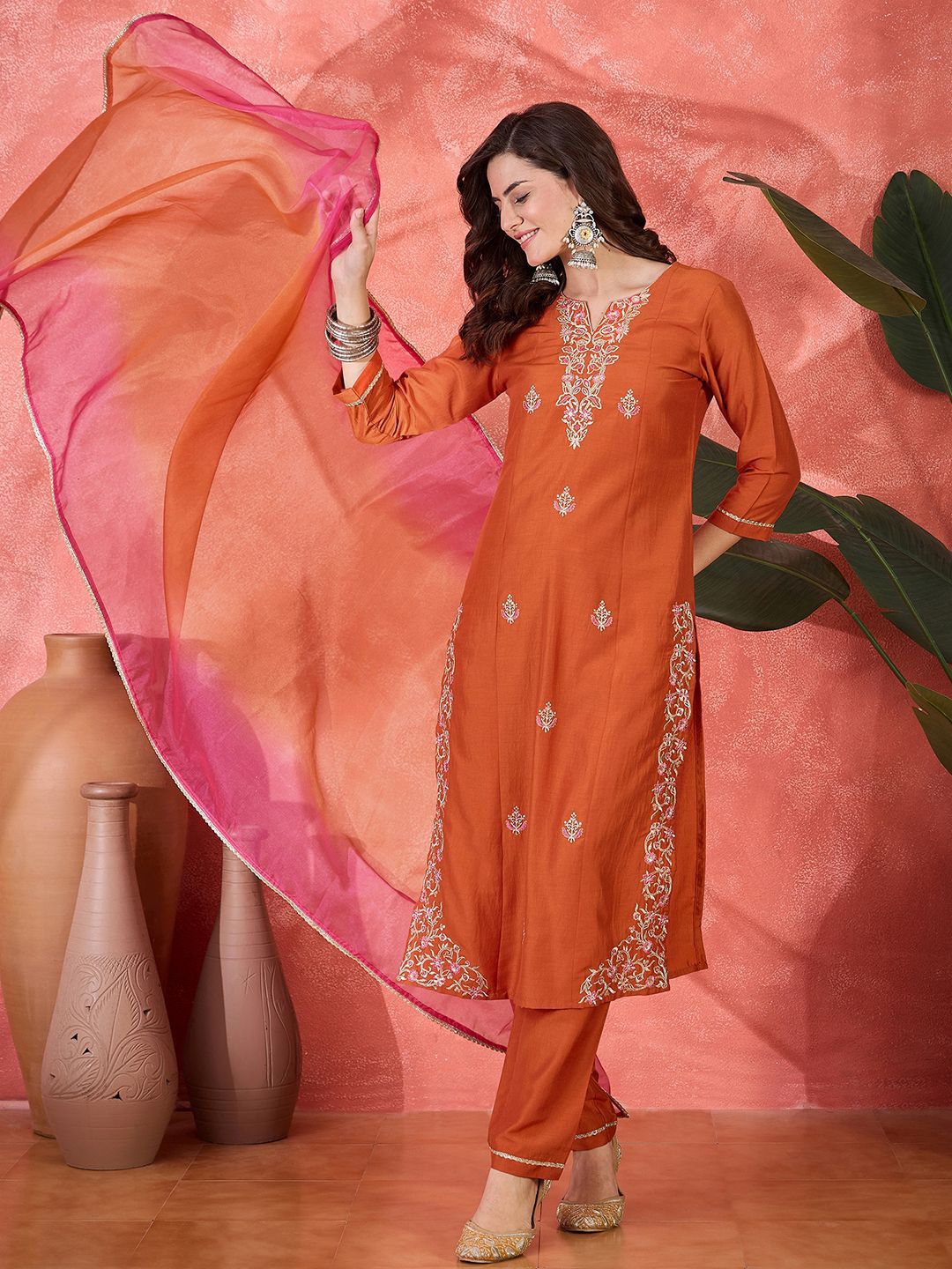 Sangria Zari Ethnic Motifs Embroidered Straight Kurta With Trouser & Dupatta